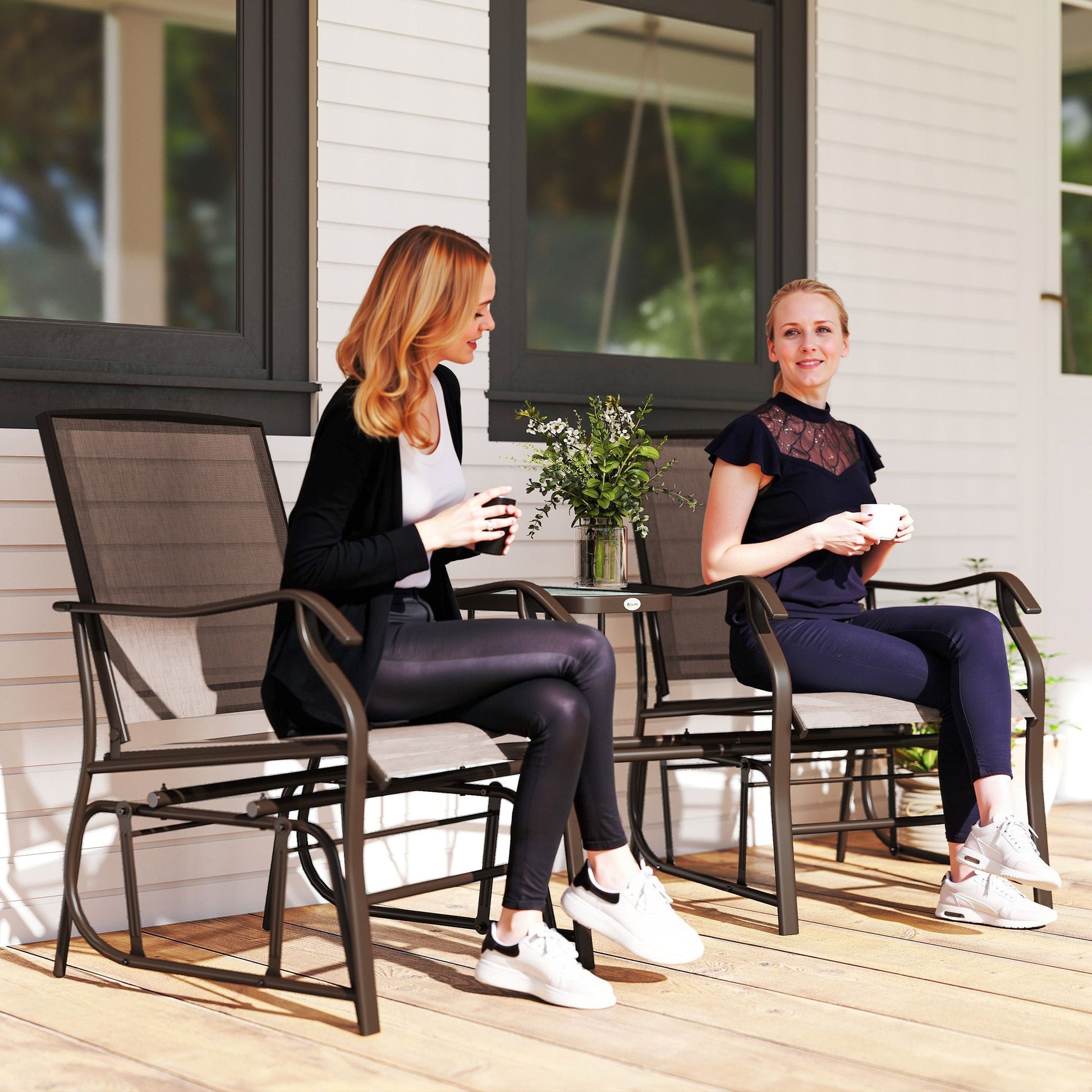 Double Patio Glider Chair with Glass Top Center Table, Outdoor Glider Loveseat with High Back,  All Weather Breathable Mesh Fabric for Garden, Backyard, Deck, Brown