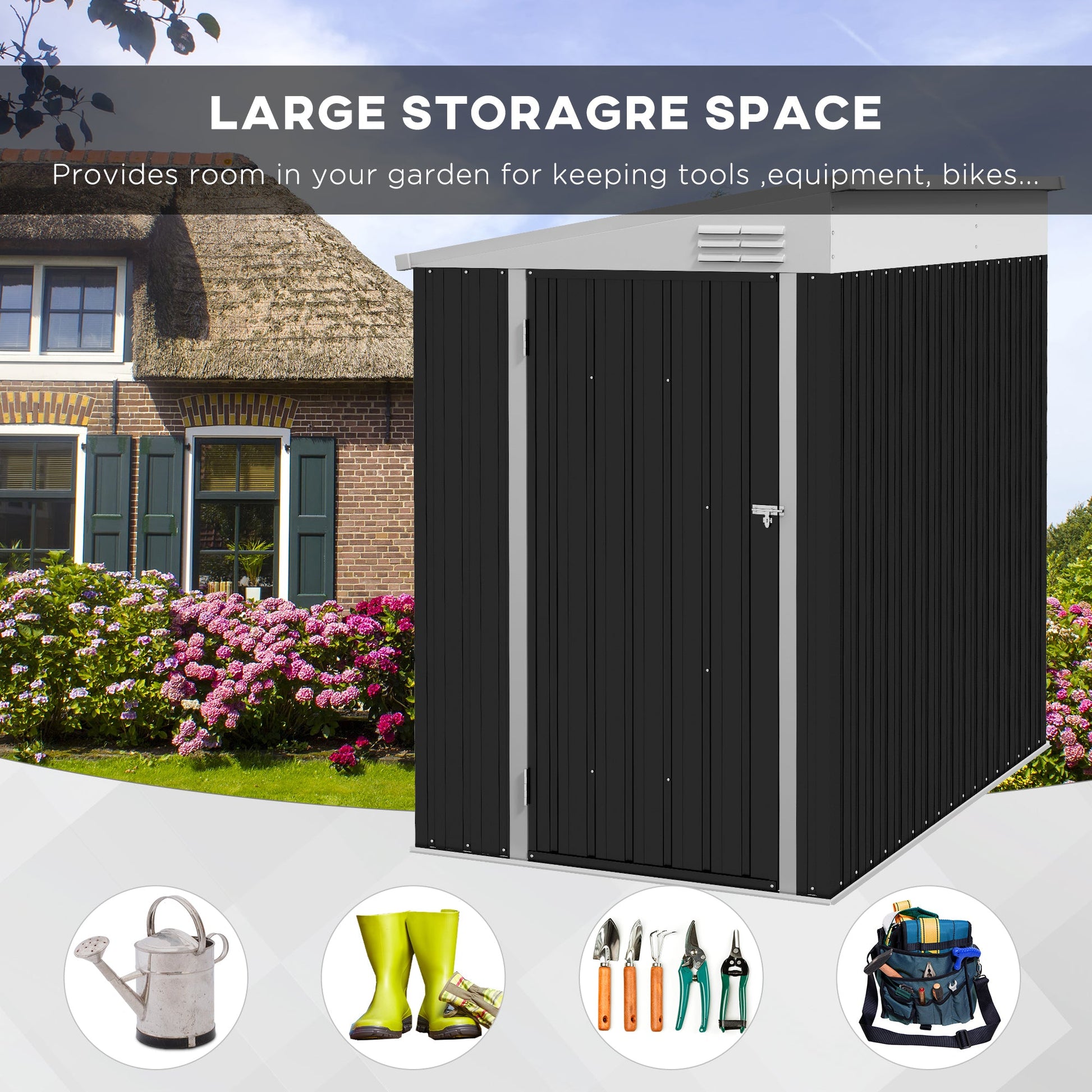 4' x 6' Steel Garden Storage Shed Lean to Shed Outdoor Metal Tool House with Lockable Door and 2 Air Vents for Backyard, Patio, Lawn, Dark Grey
