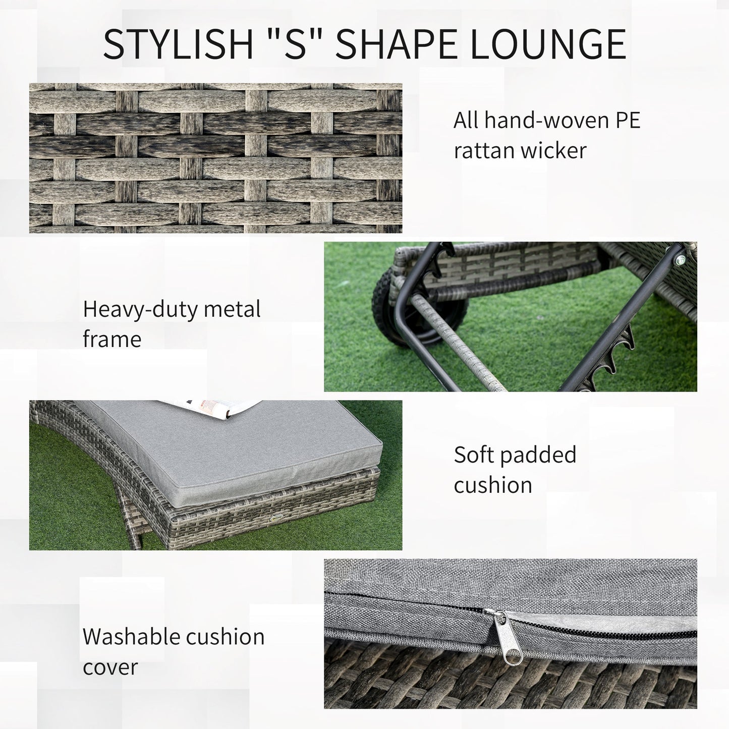Wicker Chaise Lounge, Outdoor Lounge Chair, 5-Level Adjustable Backrest S-Shape Rattan Lounger with Cushion & Wheels for Patio, Deck, Poolside, Grey