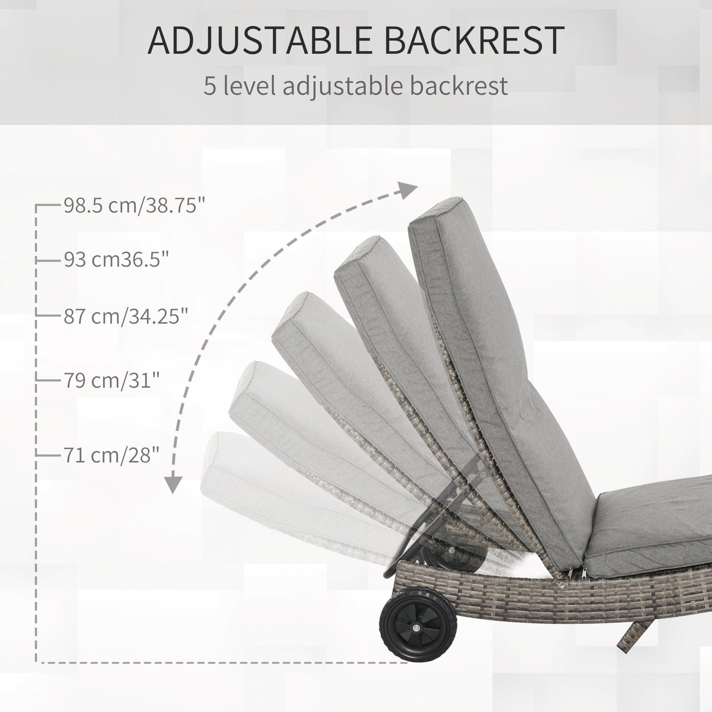 Wicker Chaise Lounge, Outdoor Lounge Chair, 5-Level Adjustable Backrest S-Shape Rattan Lounger with Cushion & Wheels for Patio, Deck, Poolside, Grey
