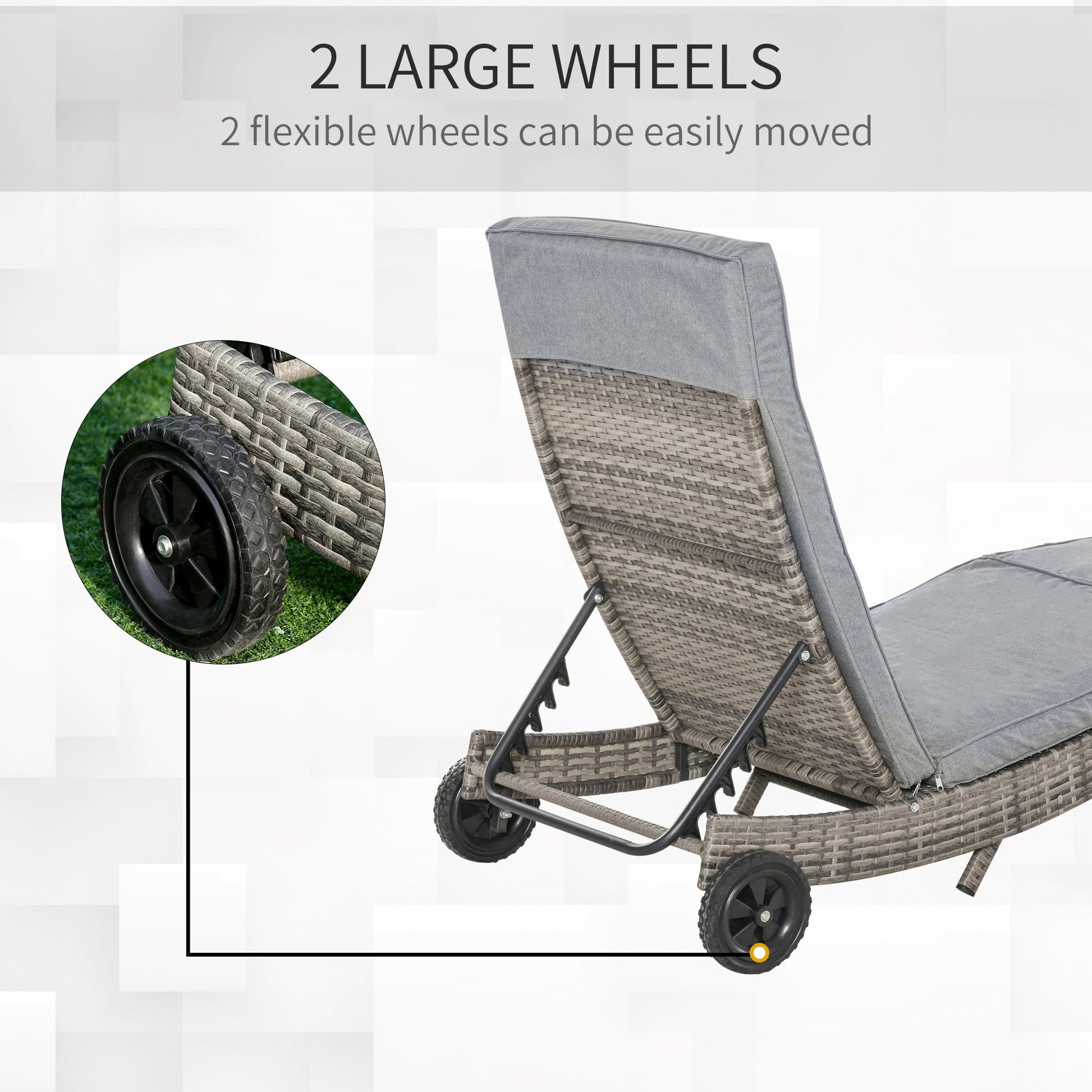 Wicker Chaise Lounge, Outdoor Lounge Chair, 5-Level Adjustable Backrest S-Shape Rattan Lounger with Cushion & Wheels for Patio, Deck, Poolside, Grey