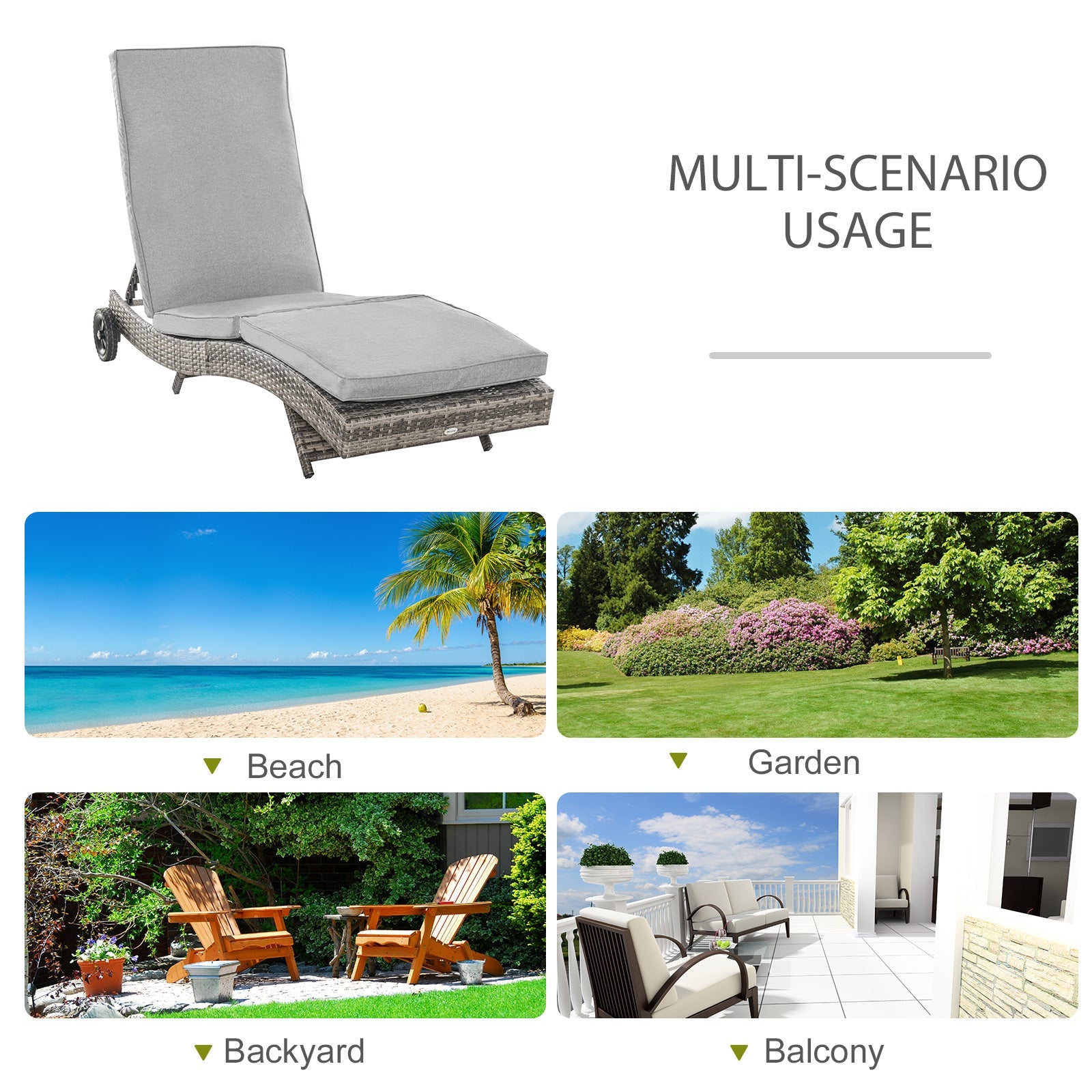 Wicker Chaise Lounge, Outdoor Lounge Chair, 5-Level Adjustable Backrest S-Shape Rattan Lounger with Cushion & Wheels for Patio, Deck, Poolside, Grey