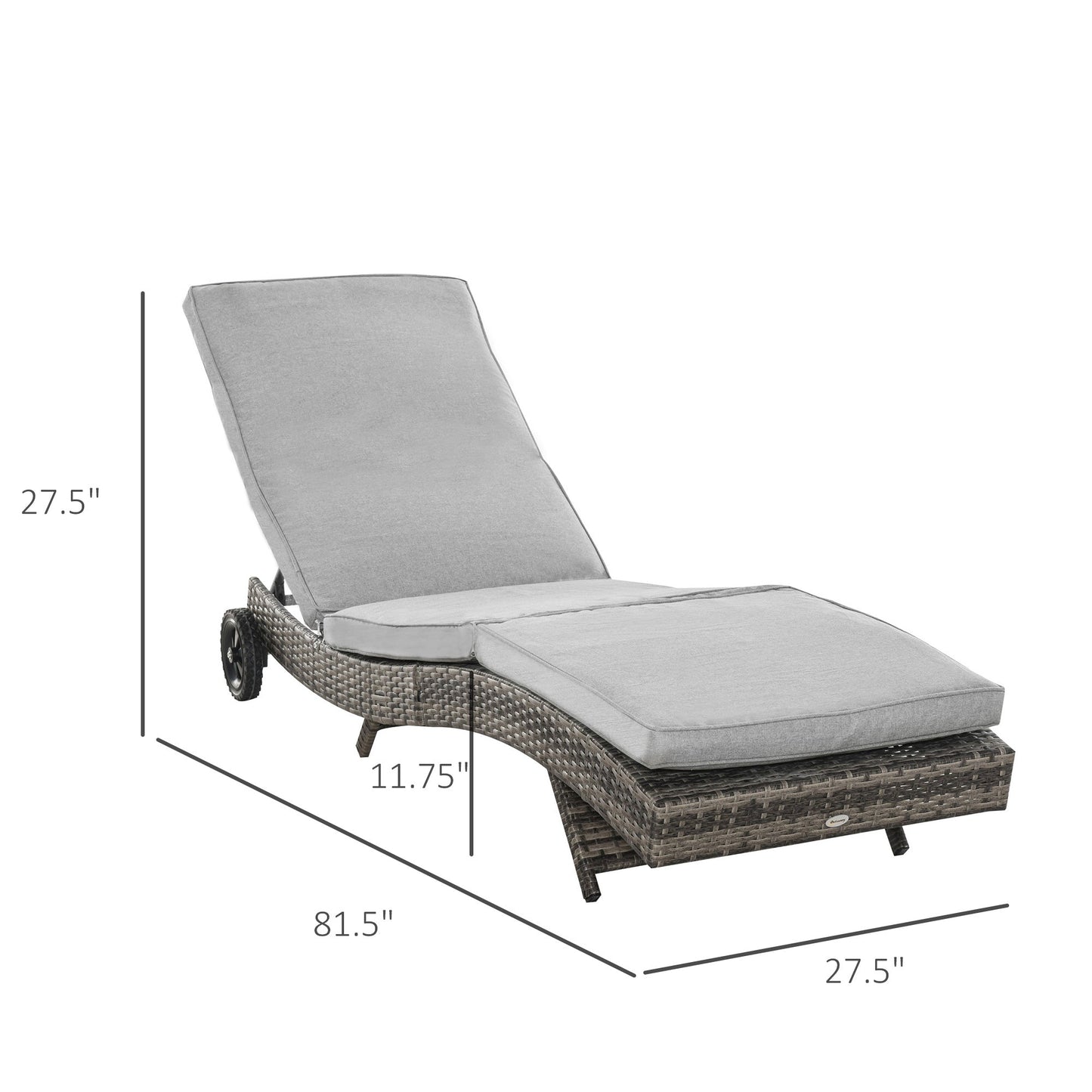 Wicker Chaise Lounge, Outdoor Lounge Chair, 5-Level Adjustable Backrest S-Shape Rattan Lounger with Cushion & Wheels for Patio, Deck, Poolside, Grey