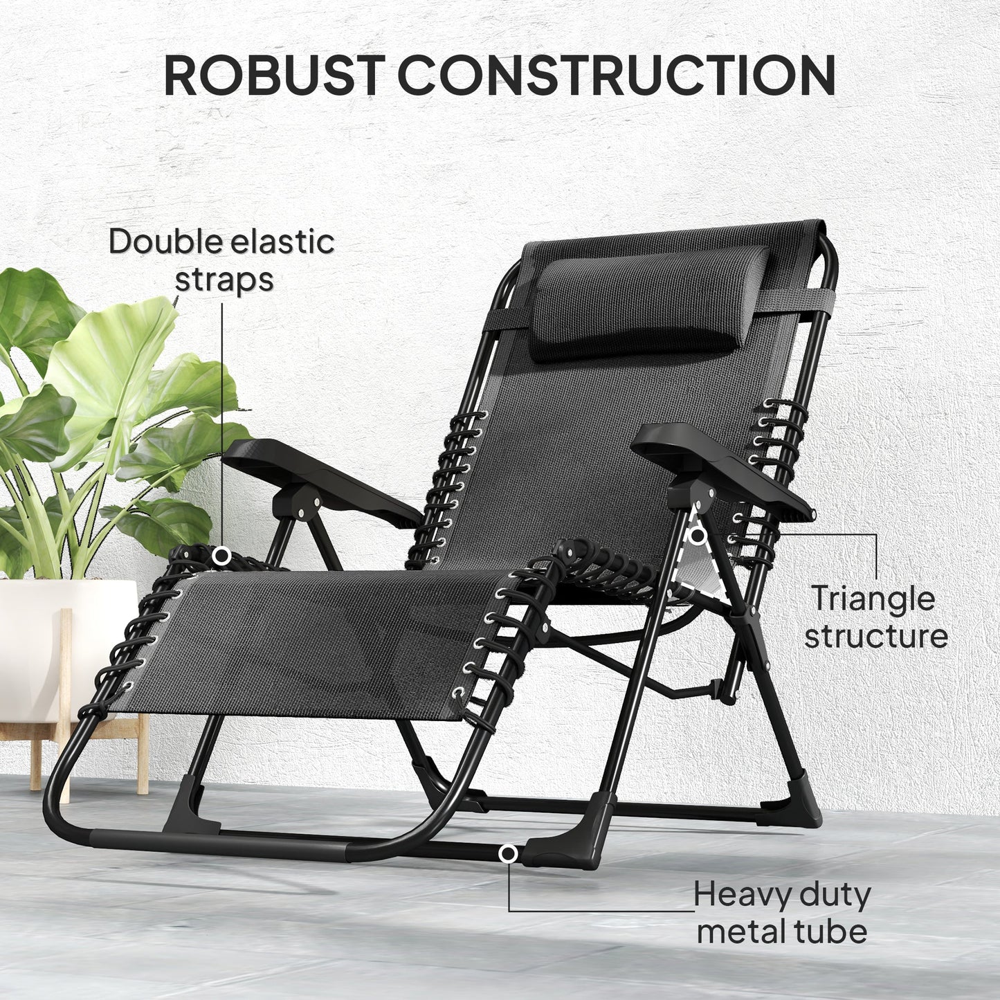 Zero Gravity Chair, Folding Outdoor Lounge Chair, 5-Position Adjustable Patio Lounger Recliner with Padded Removable Headrest for Lawn, Beach, Poolside, Black