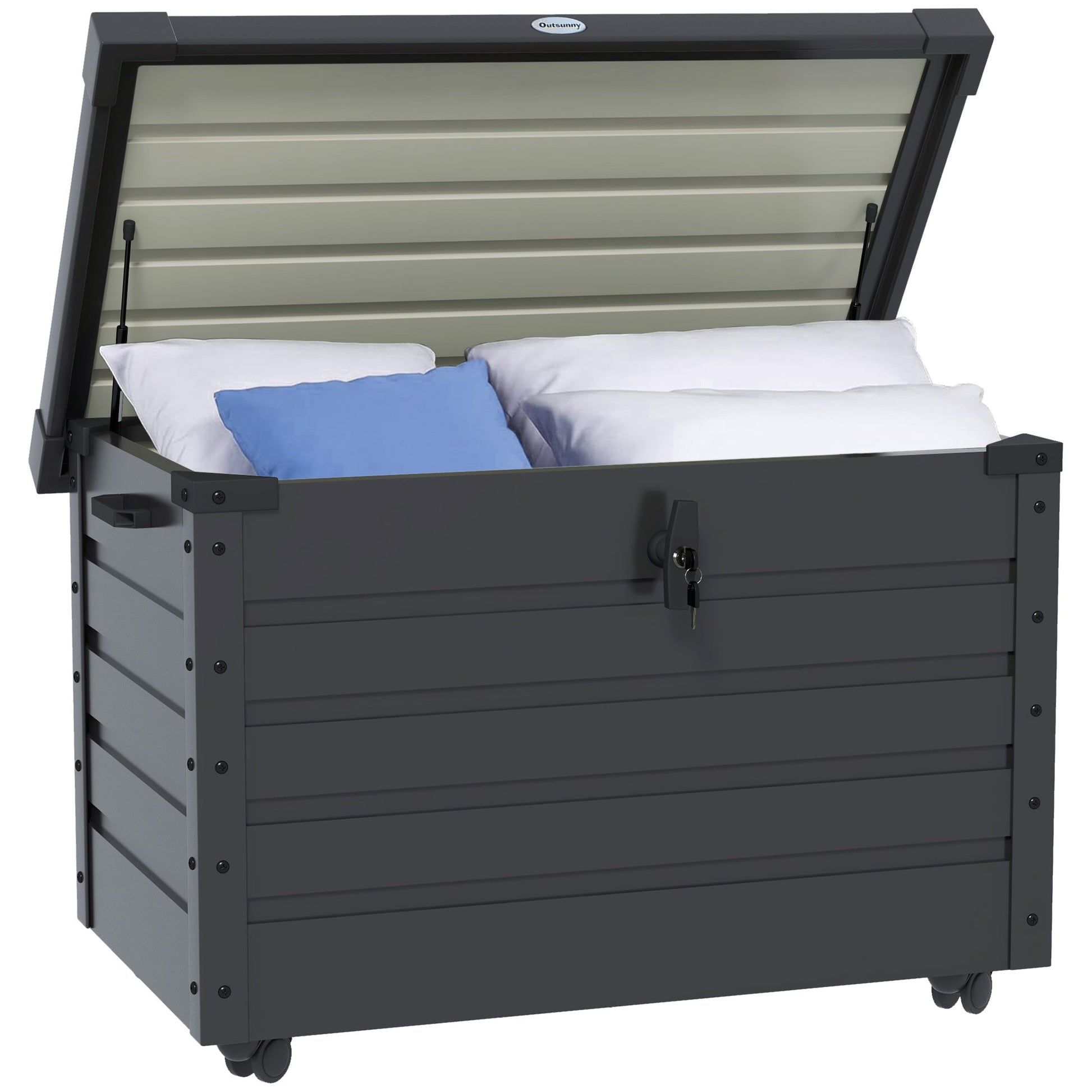 78 Gallon Garden Storage Box, Waterproof Outdoor Storage Container with Wheels and Handles, Lockable Galvanised Steel Outside Deck Box for Tools, Cushions, Dark Grey