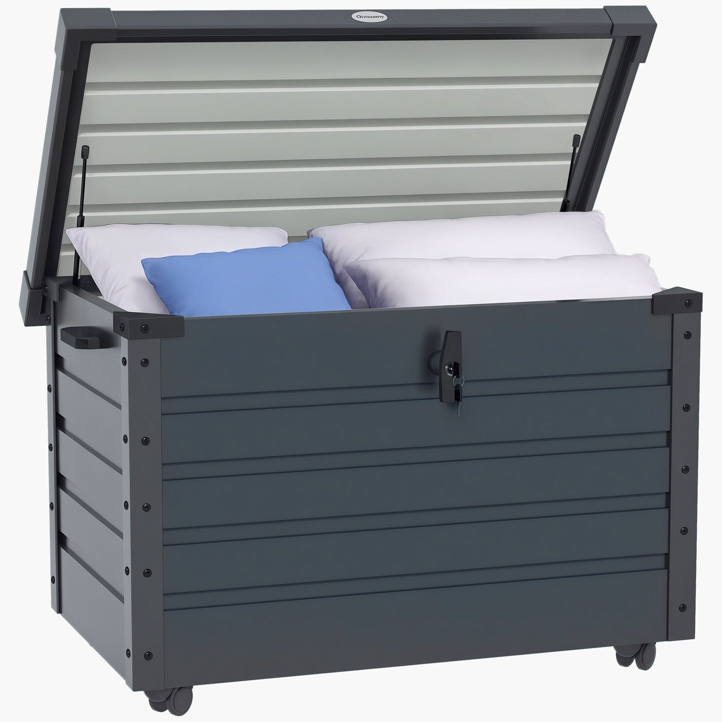 78 Gallon Garden Storage Box, Waterproof Outdoor Storage Container with Wheels and Handles, Lockable Galvanised Steel Outside Deck Box for Tools, Cushions, Dark Grey