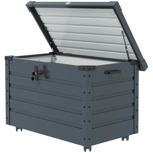 78 Gallon Garden Storage Box, Waterproof Outdoor Storage Container with Wheels and Handles, Lockable Galvanised Steel Outside Deck Box for Tools, Cushions, Dark Grey