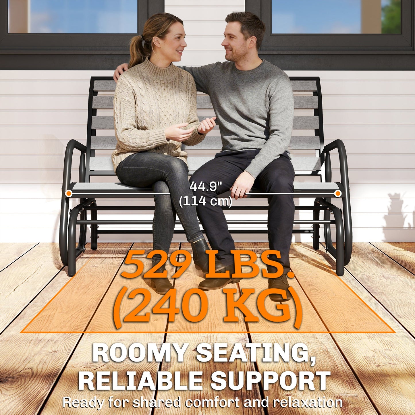 2 Person Outdoor Glider Bench, Patio Glider Swing Loveseat with Faux Wood Slatted Seat and Back, Outdoor Swing Bench with Steel Frame for Backyard, Garden, Porch, Grey