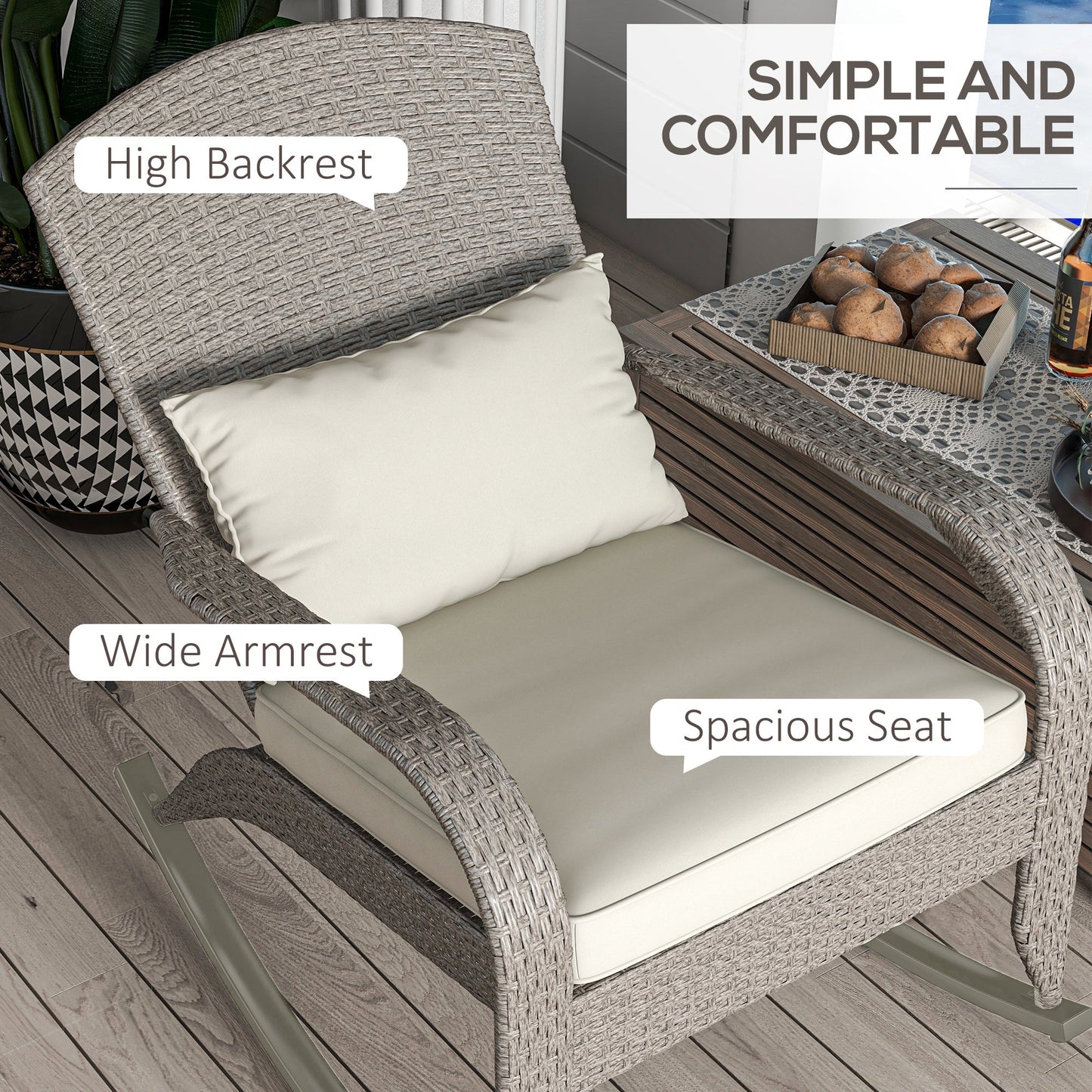 Outdoor Wicker Adirondack Rocking Chair, Patio Rattan Rocker Chair with High Back, Seat Cushion and Pillow for Garden, Porch, Balcony, Cream White