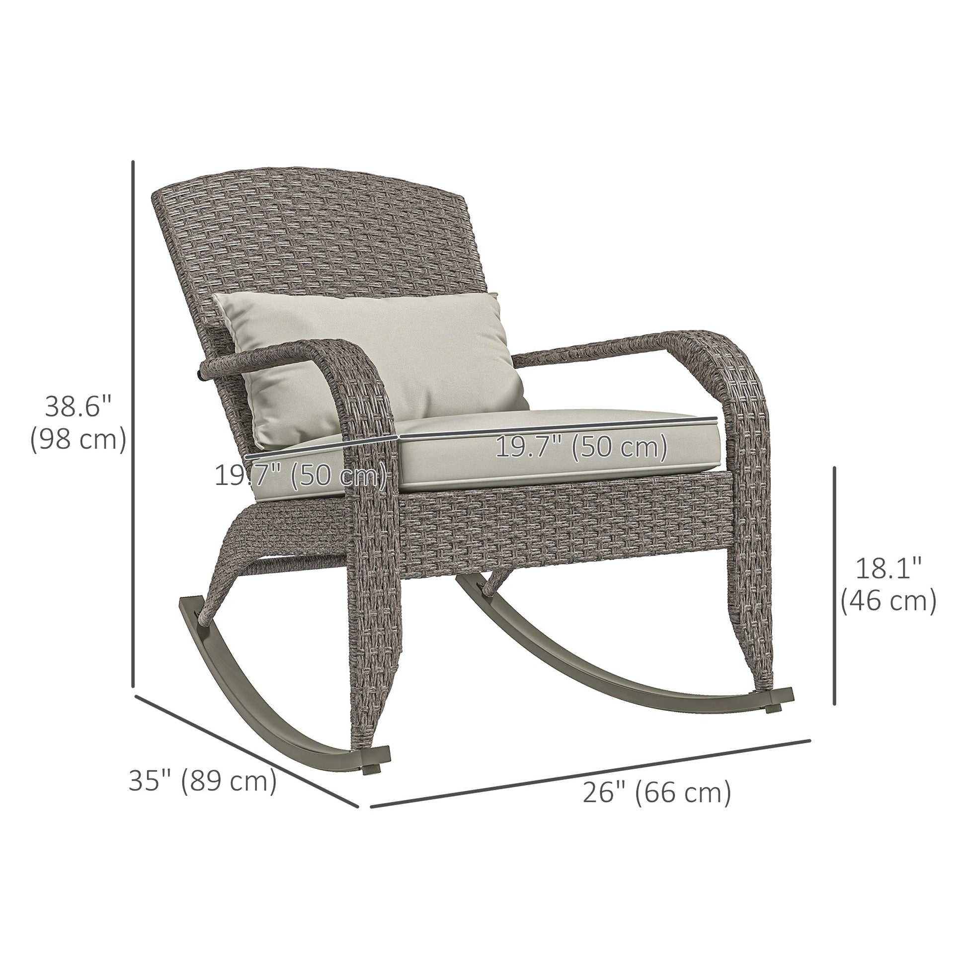 Outdoor Wicker Adirondack Rocking Chair, Patio Rattan Rocker Chair with High Back, Seat Cushion and Pillow for Garden, Porch, Balcony, Cream White
