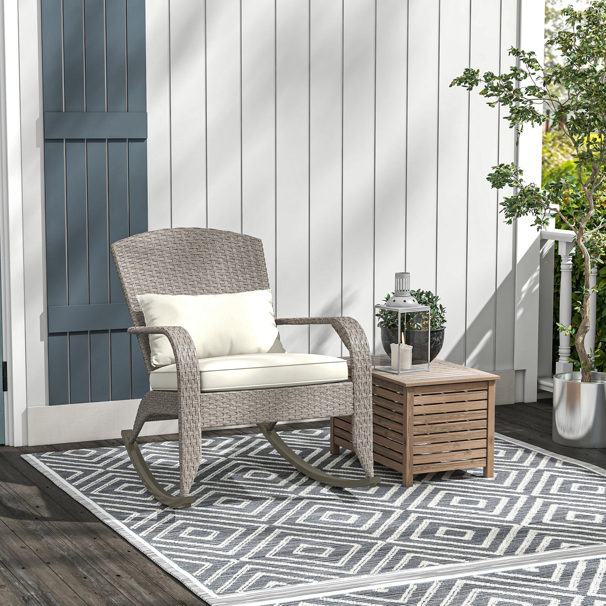 Outdoor Wicker Adirondack Rocking Chair, Patio Rattan Rocker Chair with High Back, Seat Cushion and Pillow for Garden, Porch, Balcony, Cream White