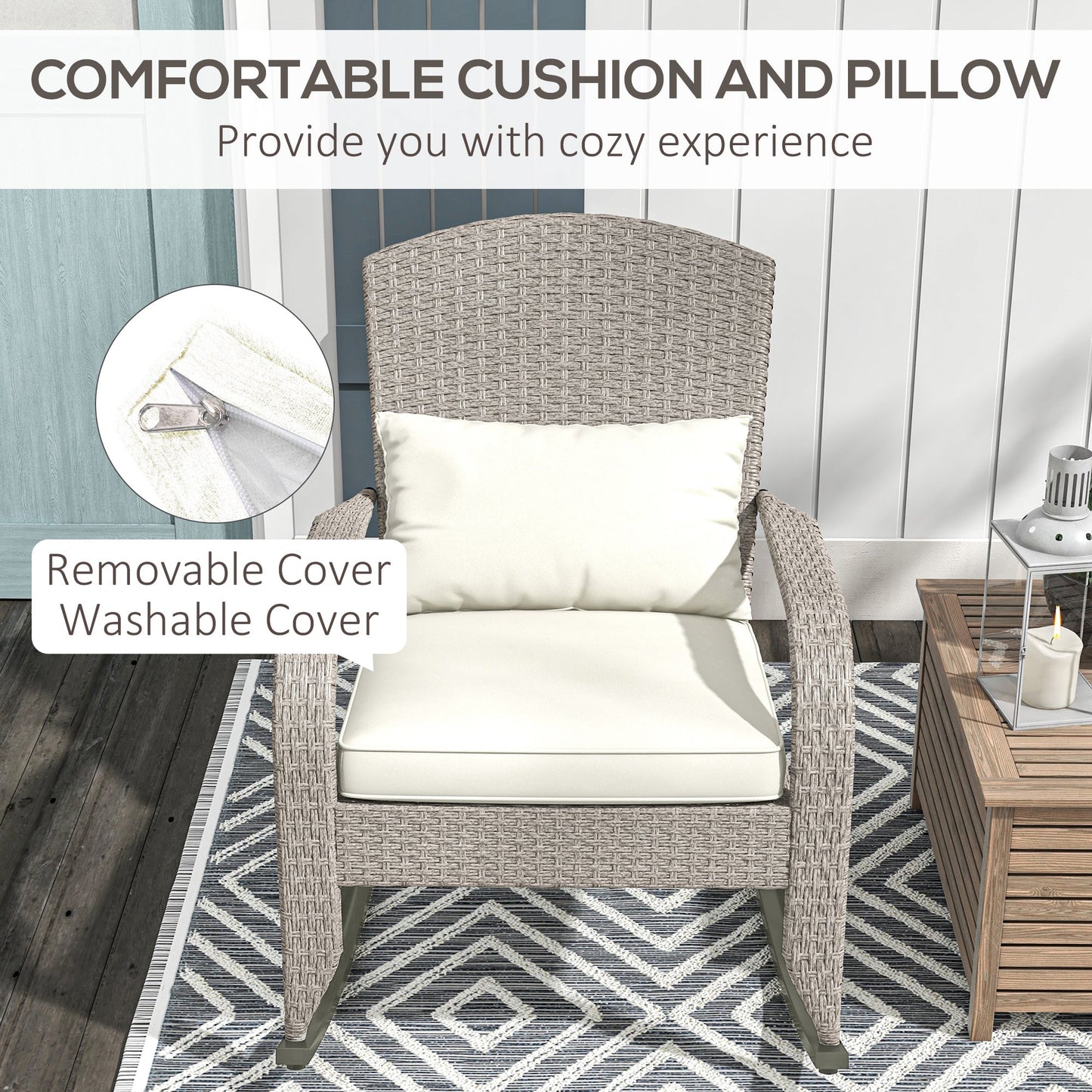 Outdoor Wicker Adirondack Rocking Chair, Patio Rattan Rocker Chair with High Back, Seat Cushion and Pillow for Garden, Porch, Balcony, Cream White