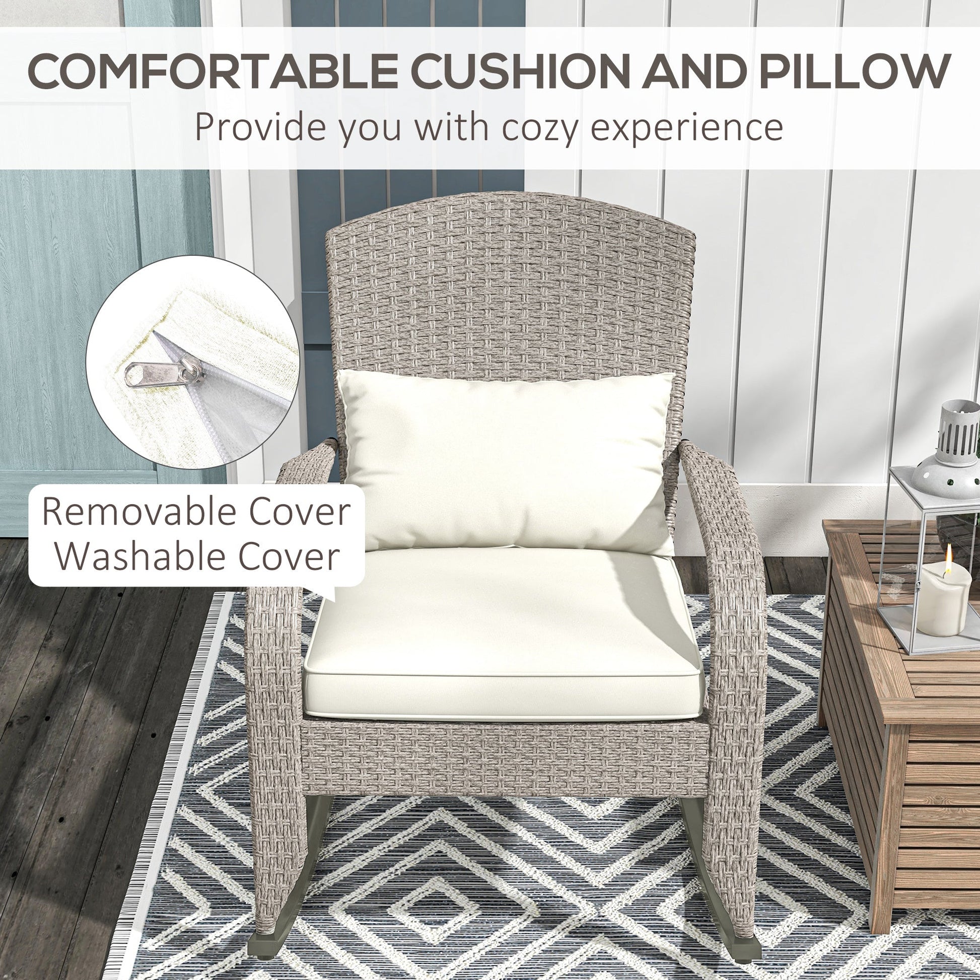 Outdoor Wicker Adirondack Rocking Chair, Patio Rattan Rocker Chair with High Back, Seat Cushion and Pillow for Garden, Porch, Balcony, Cream White