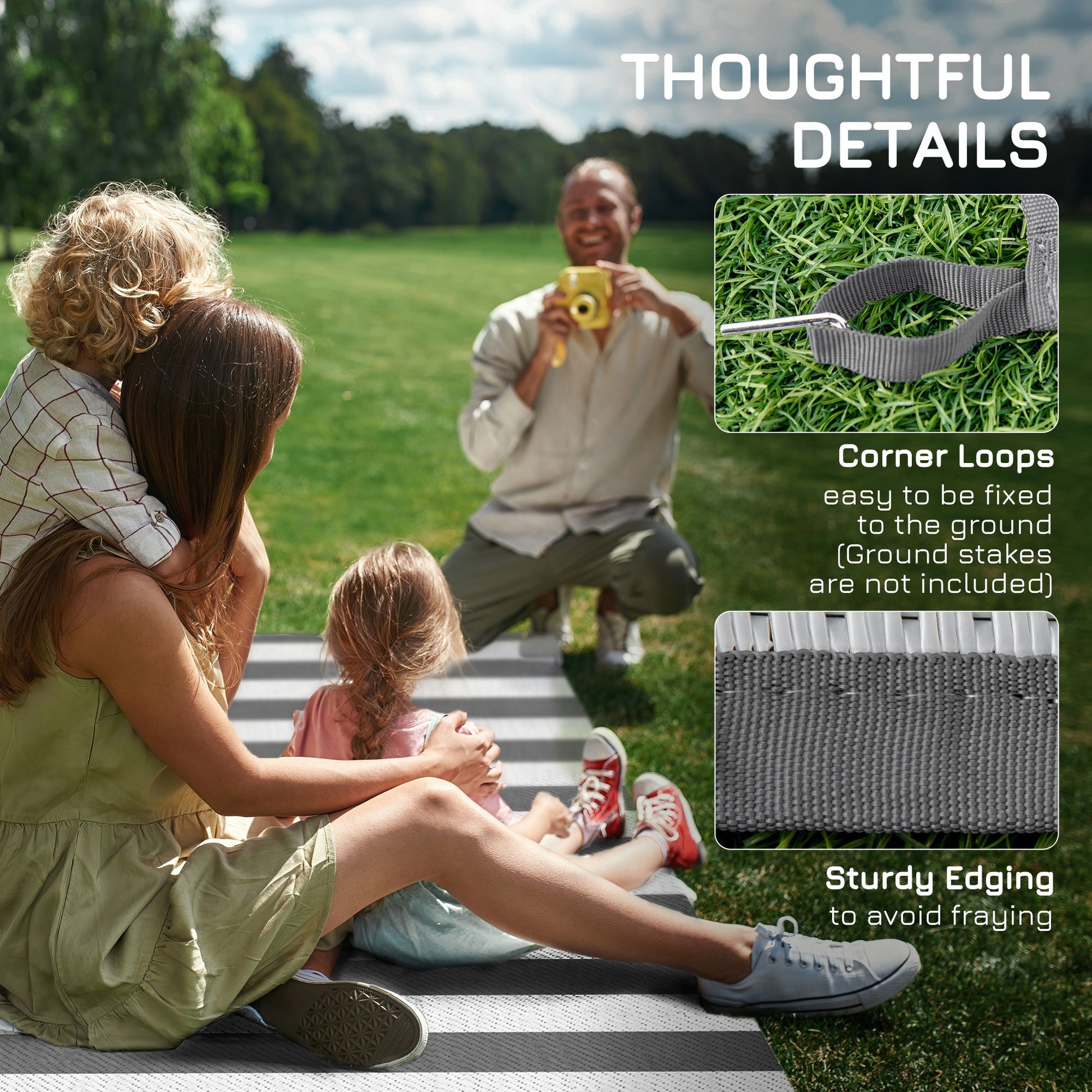 Reversible Outdoor RV Rug, 9' x 18' Patio Floor Mat with Carry Bag, Outdoor Carpet for Backyard, Deck, Picnic, Beach, Camping, Striped, Grey and White