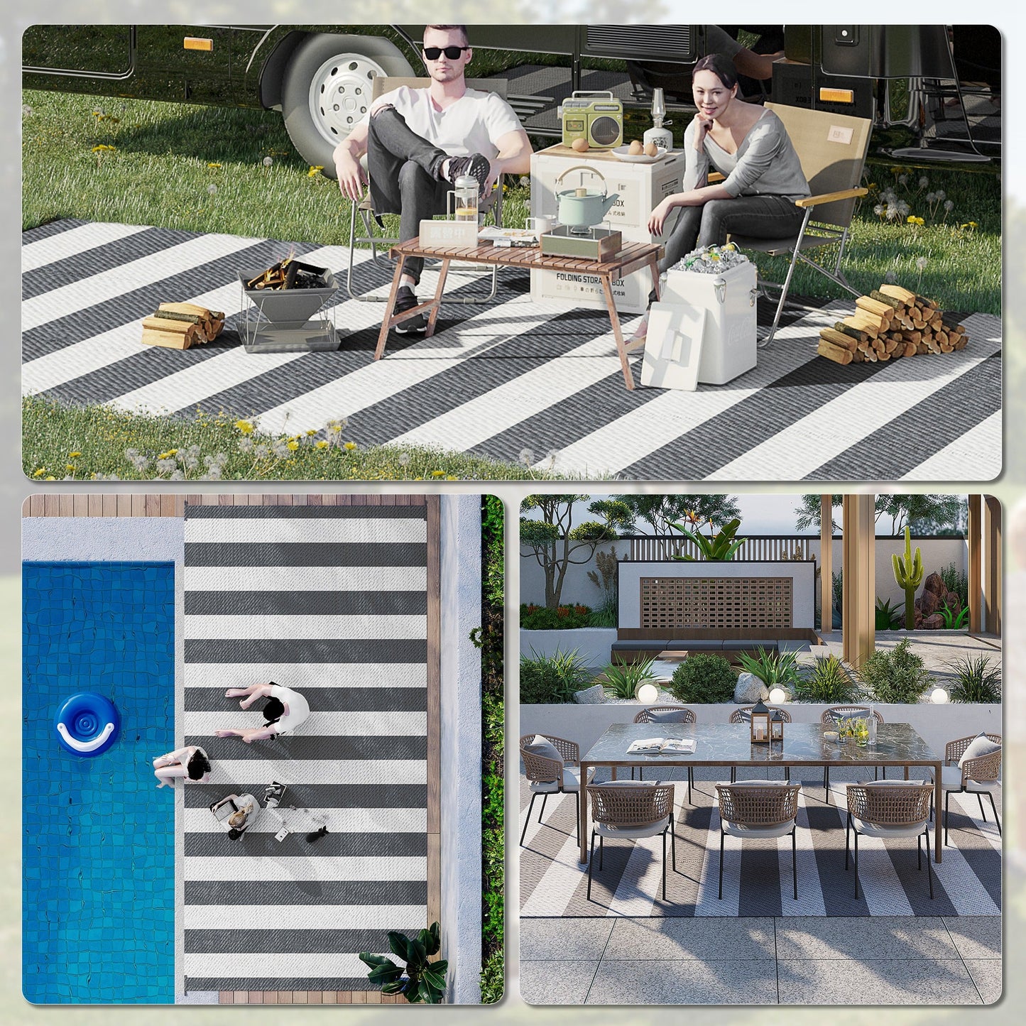 Reversible Outdoor RV Rug, 9' x 18' Patio Floor Mat with Carry Bag, Outdoor Carpet for Backyard, Deck, Picnic, Beach, Camping, Striped, Grey and White