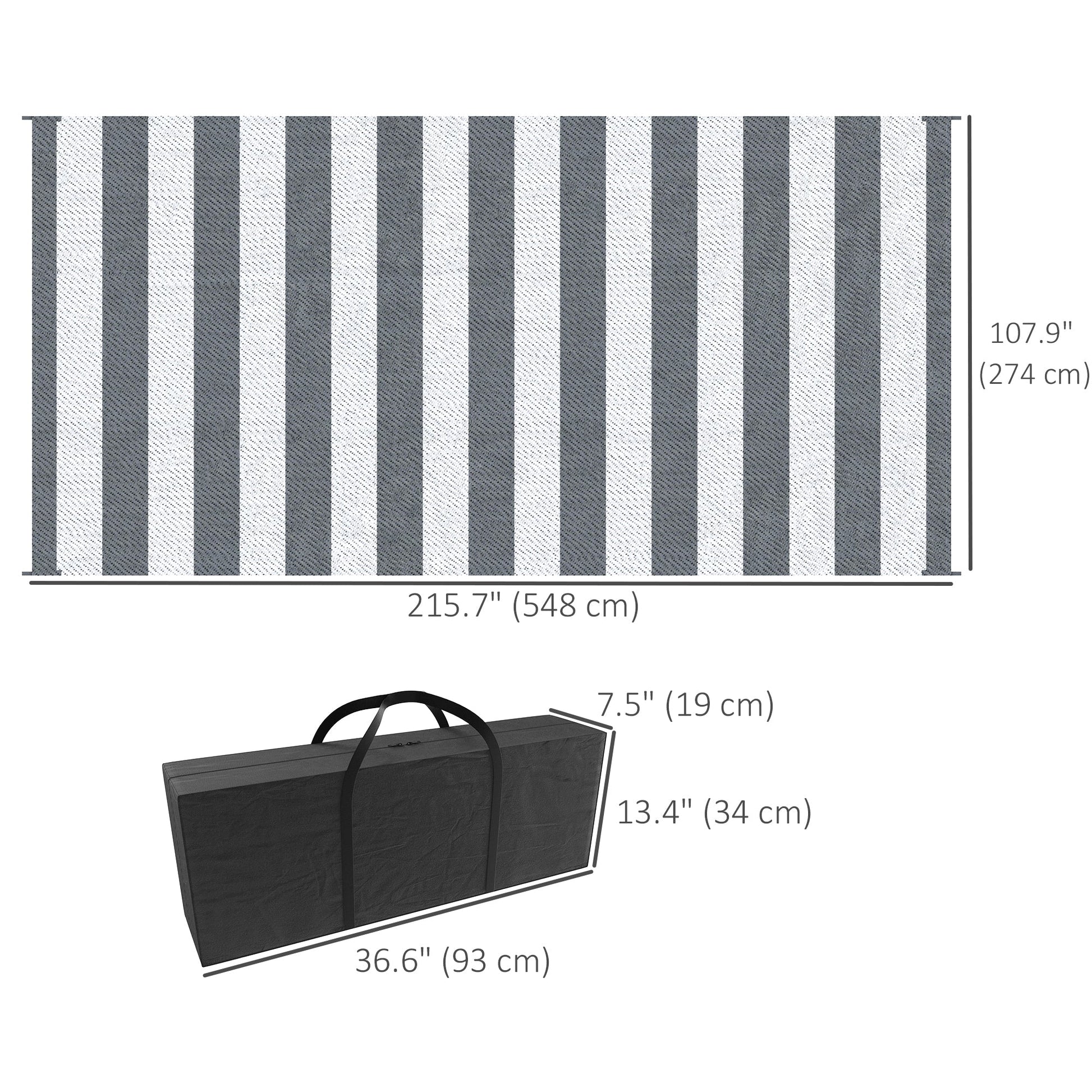 Reversible Outdoor RV Rug, 9' x 18' Patio Floor Mat with Carry Bag, Outdoor Carpet for Backyard, Deck, Picnic, Beach, Camping, Striped, Grey and White