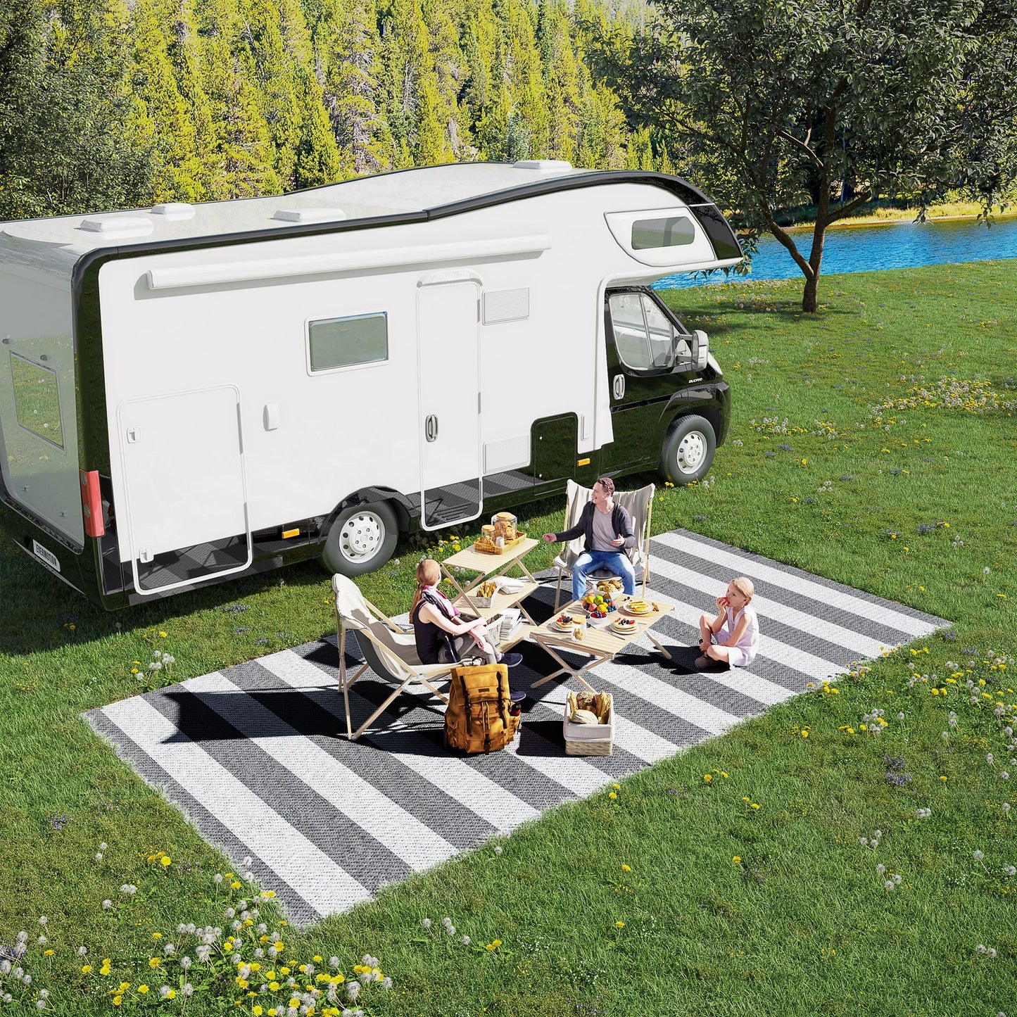 Reversible Outdoor RV Rug, 9' x 18' Patio Floor Mat with Carry Bag, Outdoor Carpet for Backyard, Deck, Picnic, Beach, Camping, Striped, Grey and White