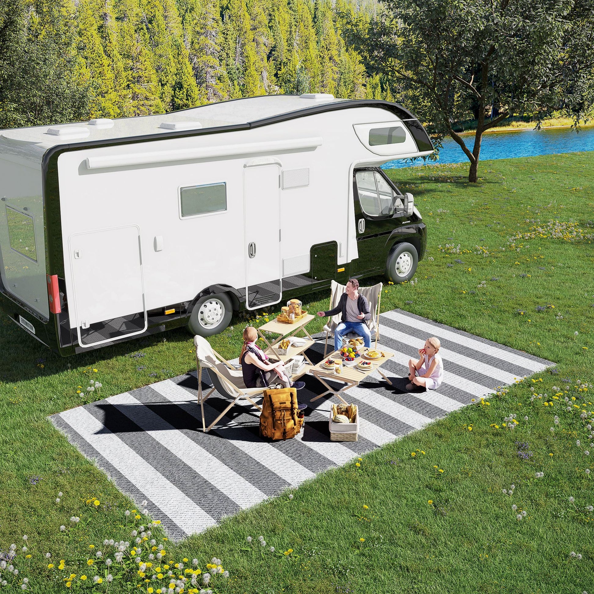 Reversible Outdoor RV Rug, 9' x 18' Patio Floor Mat with Carry Bag, Outdoor Carpet for Backyard, Deck, Picnic, Beach, Camping, Striped, Grey and White