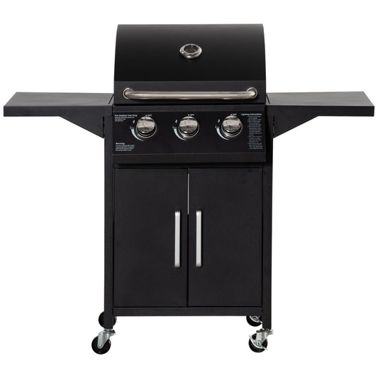 3 Burner Gas Grill, Outdoor Portable Propane Grill with Wheels, Carbon Steel Barbecue Trolley with Warming Rack, Side Shelves, Storage Cabinet, Thermometer, Black