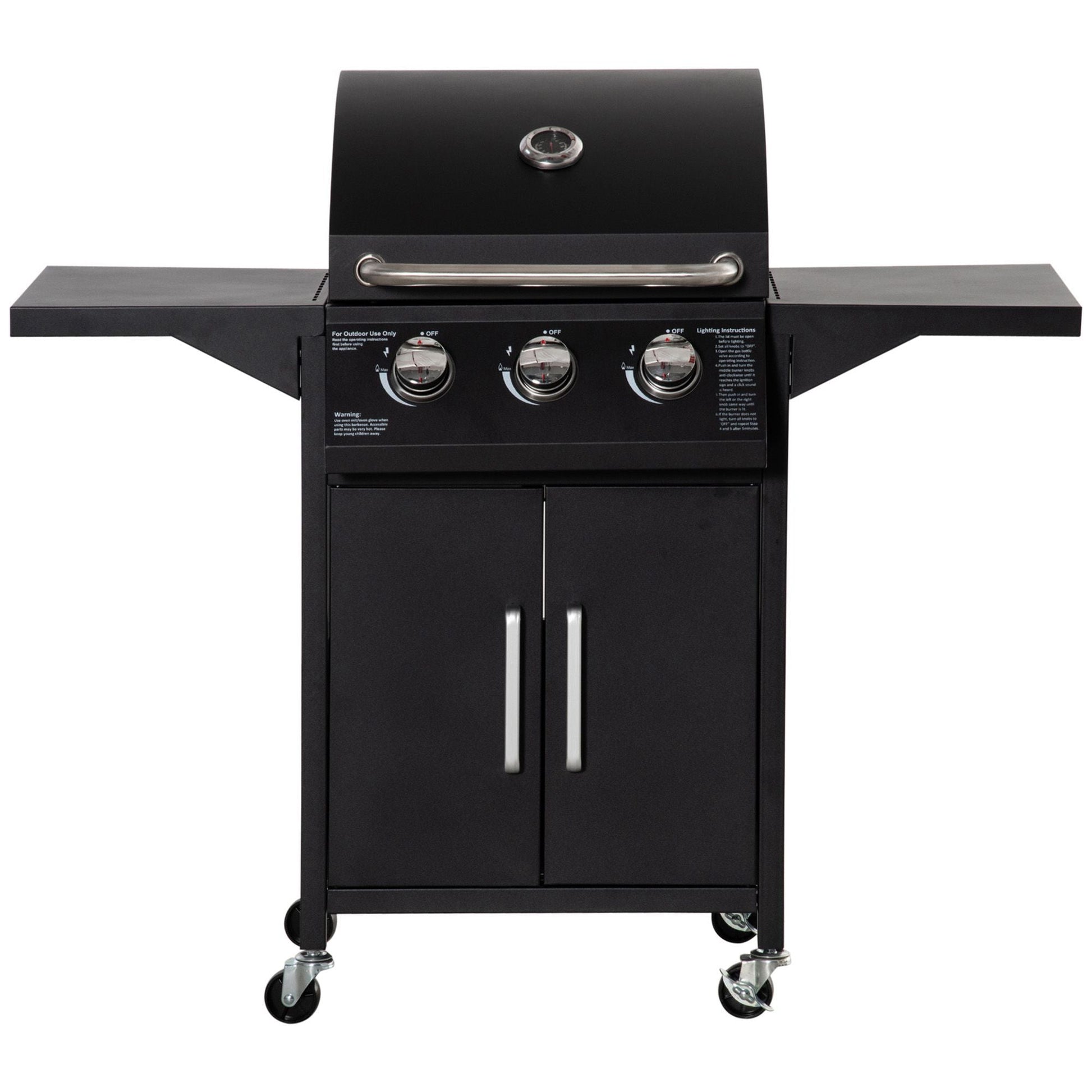 3 Burner Gas Grill, Outdoor Portable Propane Grill with Wheels, Carbon Steel Barbecue Trolley with Warming Rack, Side Shelves, Storage Cabinet, Thermometer, Black