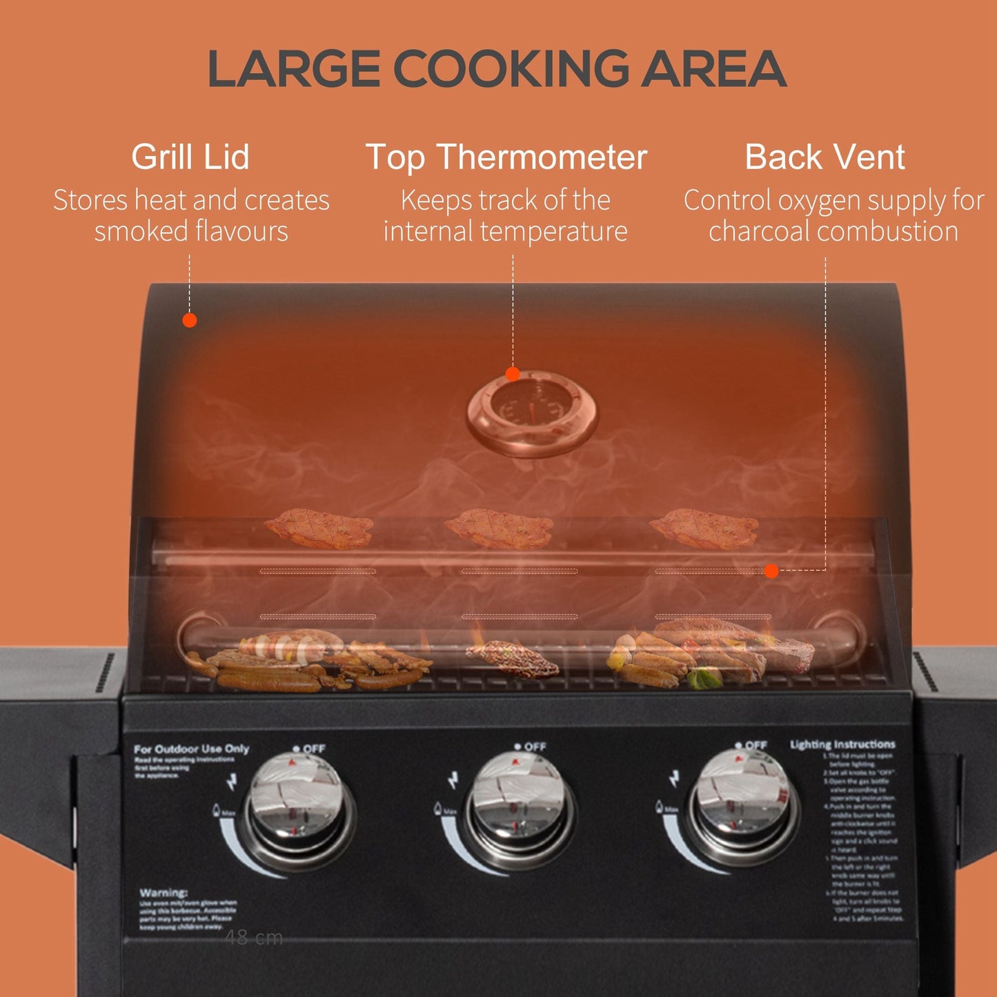 3 Burner Gas Grill, Outdoor Portable Propane Grill with Wheels, Carbon Steel Barbecue Trolley with Warming Rack, Side Shelves, Storage Cabinet, Thermometer, Black