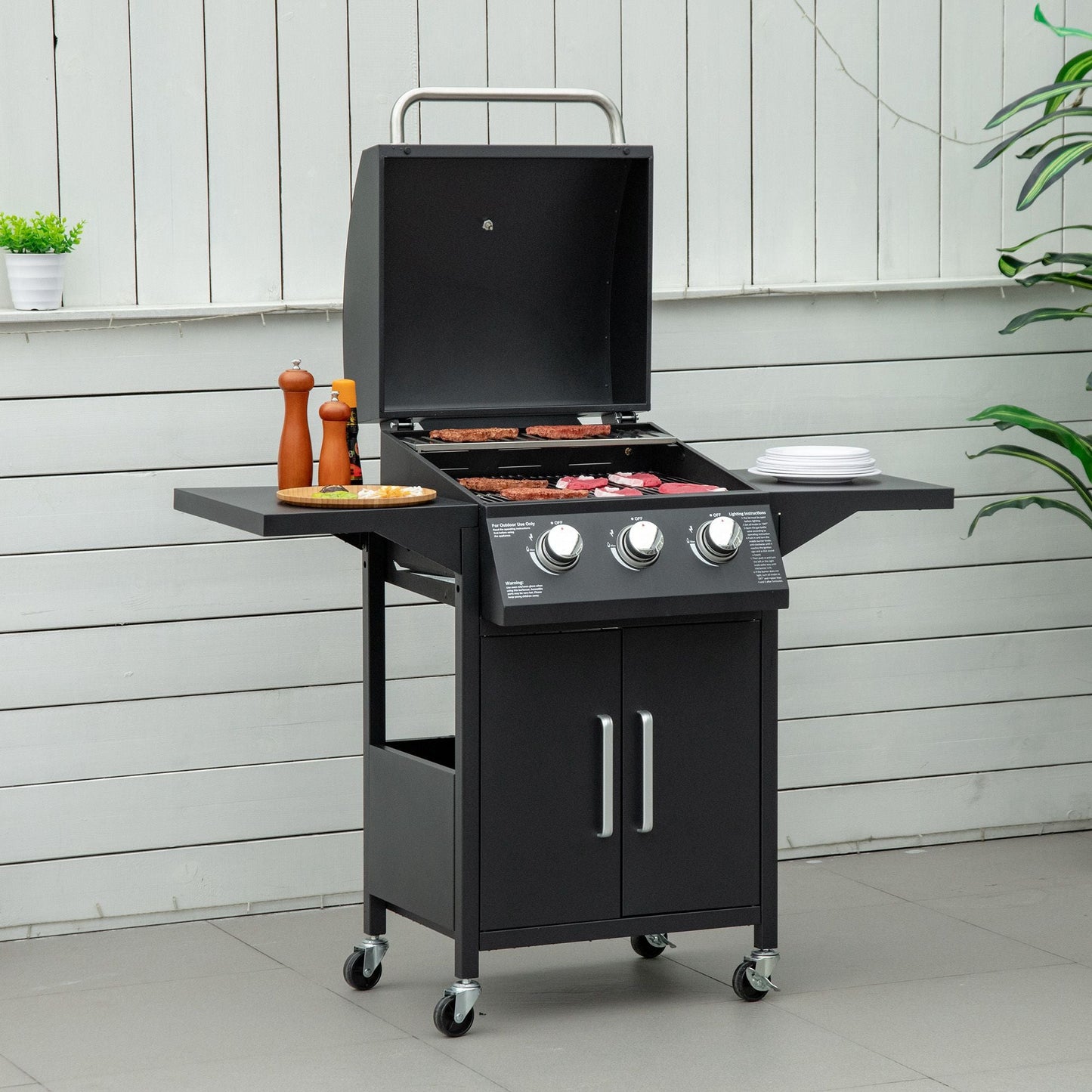 3 Burner Gas Grill, Outdoor Portable Propane Grill with Wheels, Carbon Steel Barbecue Trolley with Warming Rack, Side Shelves, Storage Cabinet, Thermometer, Black