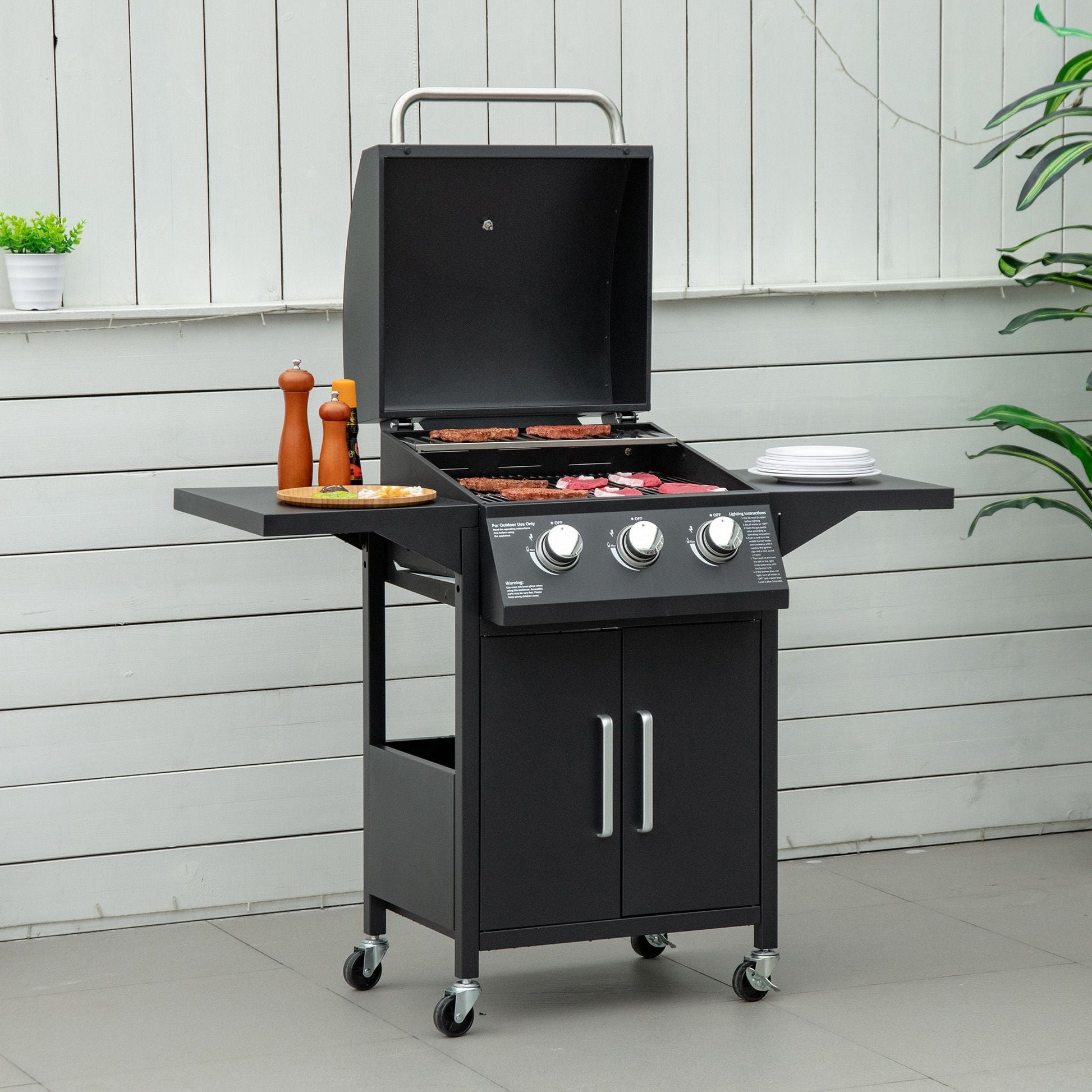 3 Burner Gas Grill, Outdoor Portable Propane Grill with Wheels, Carbon Steel Barbecue Trolley with Warming Rack, Side Shelves, Storage Cabinet, Thermometer, Black