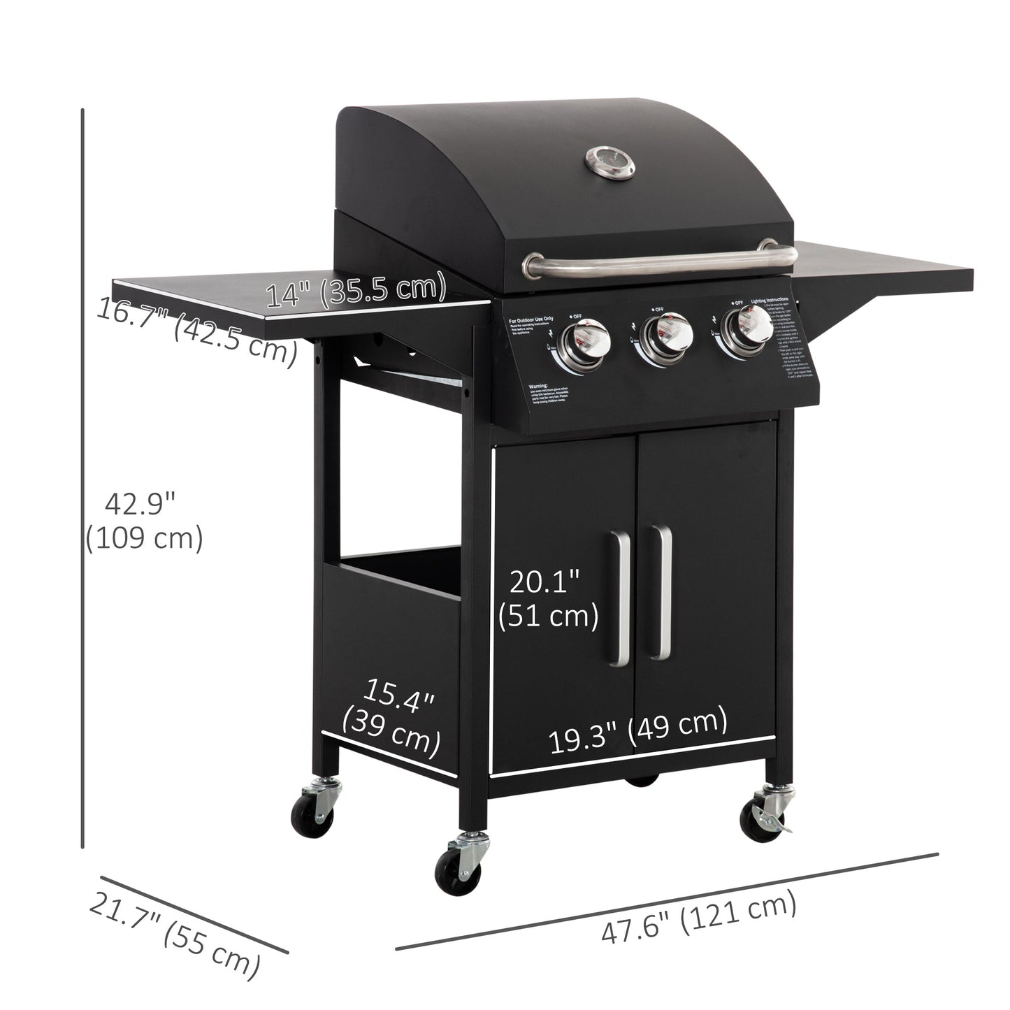 3 Burner Gas Grill, Outdoor Portable Propane Grill with Wheels, Carbon Steel Barbecue Trolley with Warming Rack, Side Shelves, Storage Cabinet, Thermometer, Black