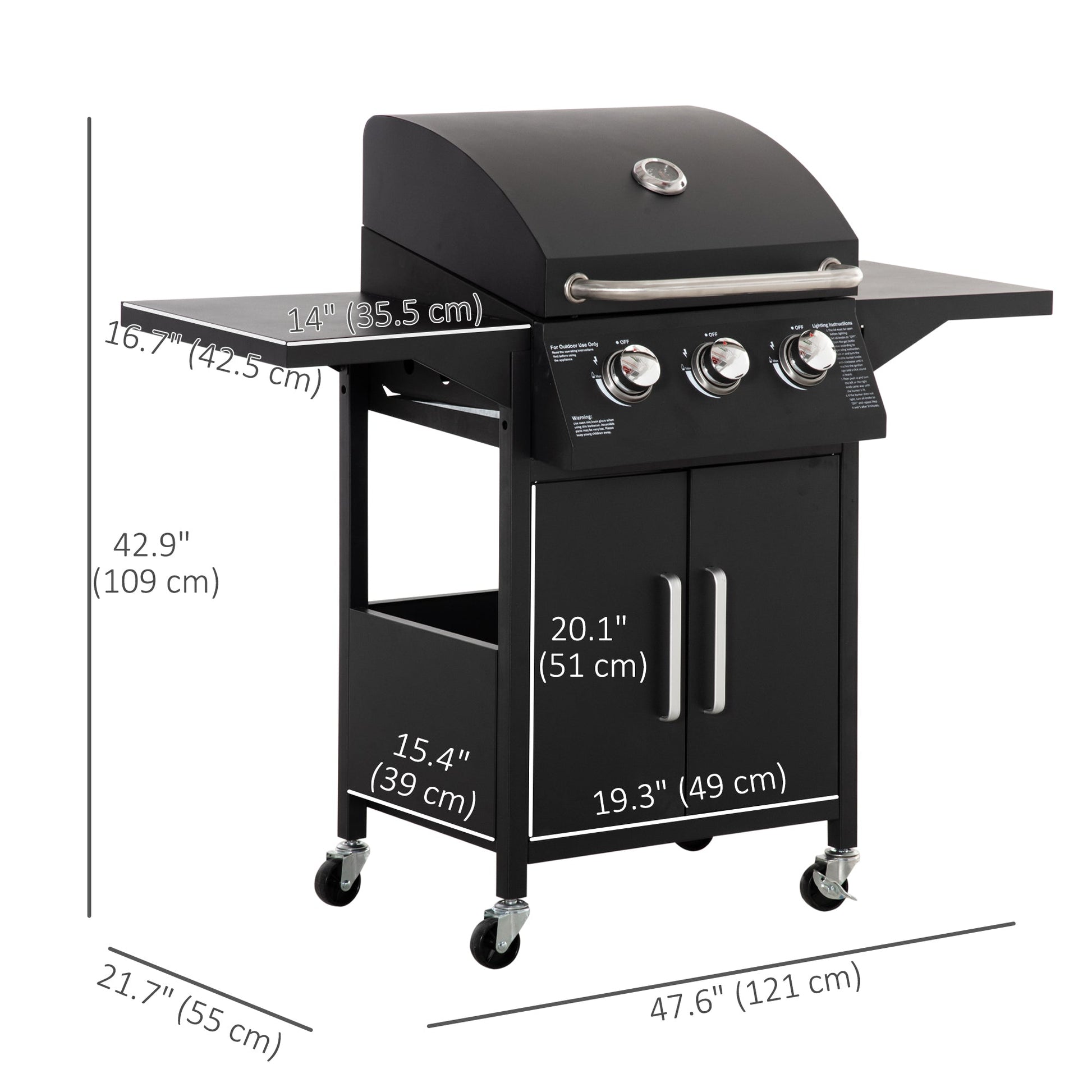 3 Burner Gas Grill, Outdoor Portable Propane Grill with Wheels, Carbon Steel Barbecue Trolley with Warming Rack, Side Shelves, Storage Cabinet, Thermometer, Black