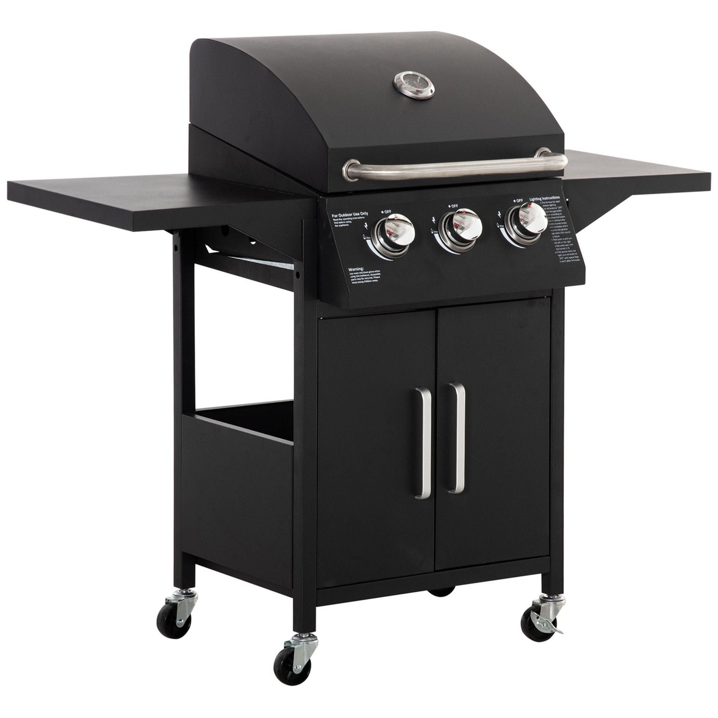 3 Burner Gas Grill, Outdoor Portable Propane Grill with Wheels, Carbon Steel Barbecue Trolley with Warming Rack, Side Shelves, Storage Cabinet, Thermometer, Black