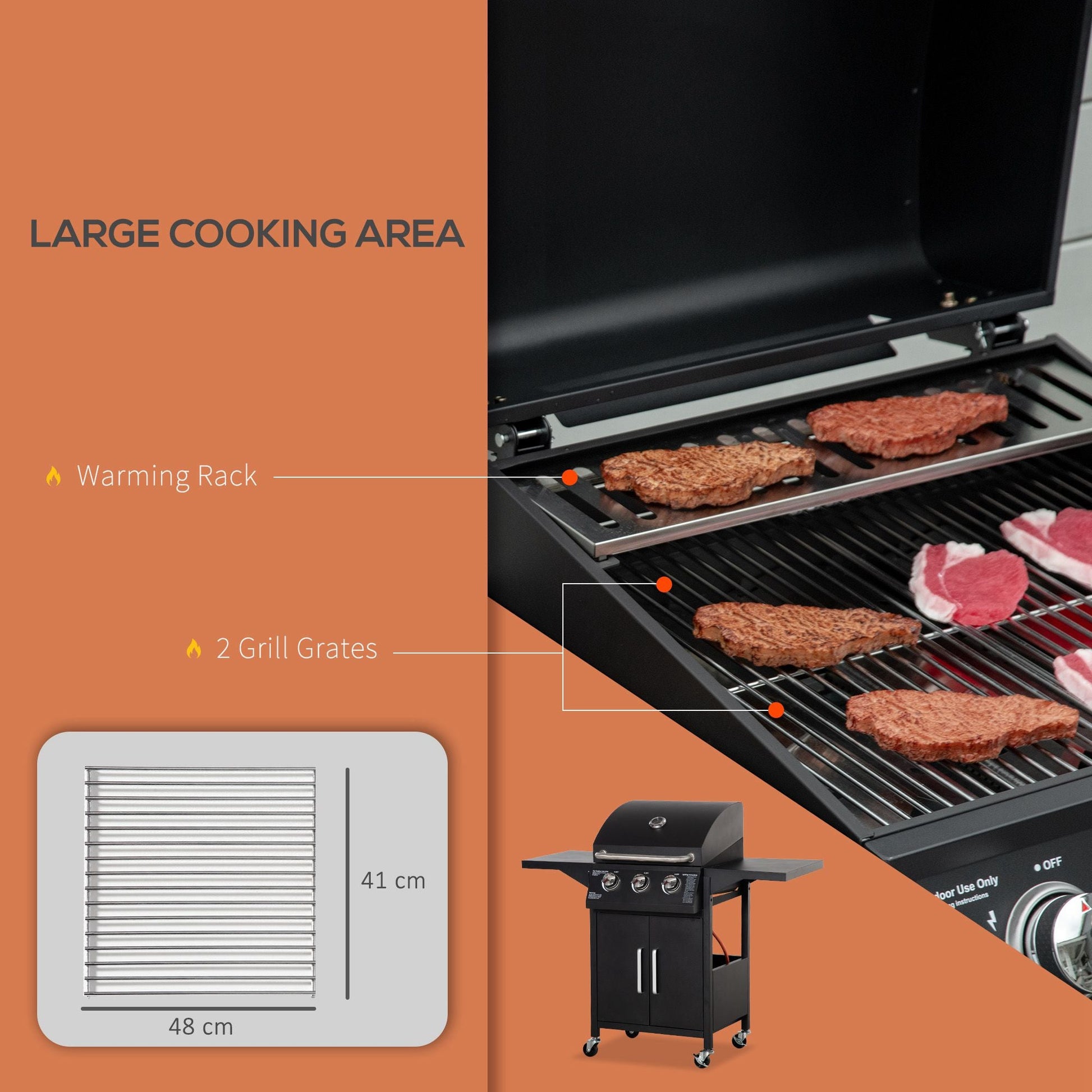 3 Burner Gas Grill, Outdoor Portable Propane Grill with Wheels, Carbon Steel Barbecue Trolley with Warming Rack, Side Shelves, Storage Cabinet, Thermometer, Black