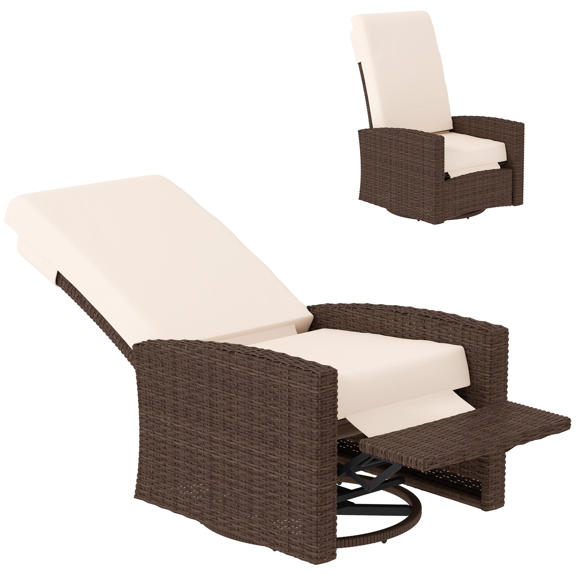 PE Rattan Outdoor Swivel Chair with 360° Swivel, Wicker Patio Chair with Footrest, Soft Cushion and Armrest for Patio, Garden, Backyard, Cream White