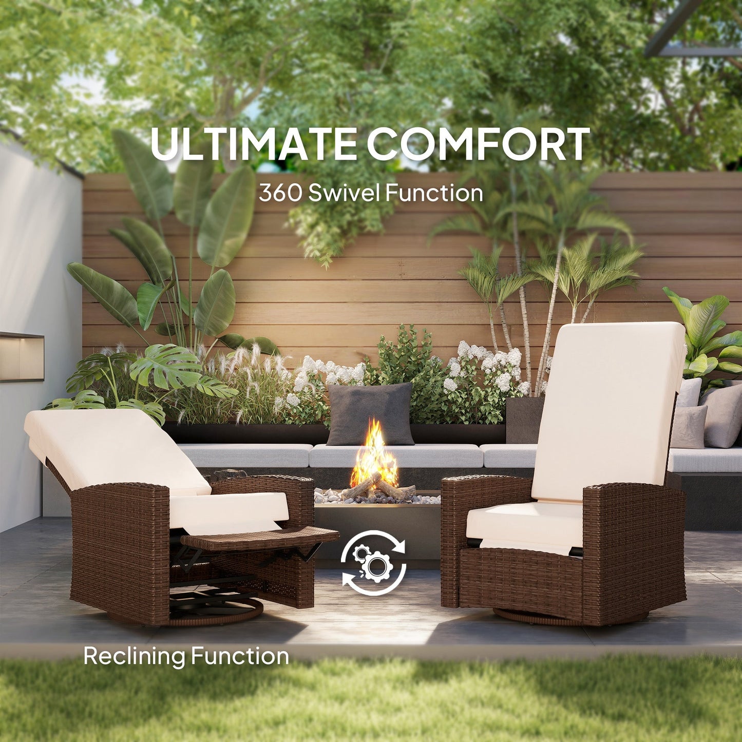 PE Rattan Outdoor Swivel Chair with 360° Swivel, Wicker Patio Chair with Footrest, Soft Cushion and Armrest for Patio, Garden, Backyard, Cream White