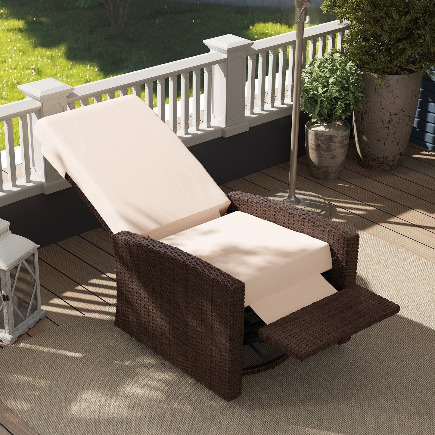 PE Rattan Outdoor Swivel Chair with 360° Swivel, Wicker Patio Chair with Footrest, Soft Cushion and Armrest for Patio, Garden, Backyard, Cream White