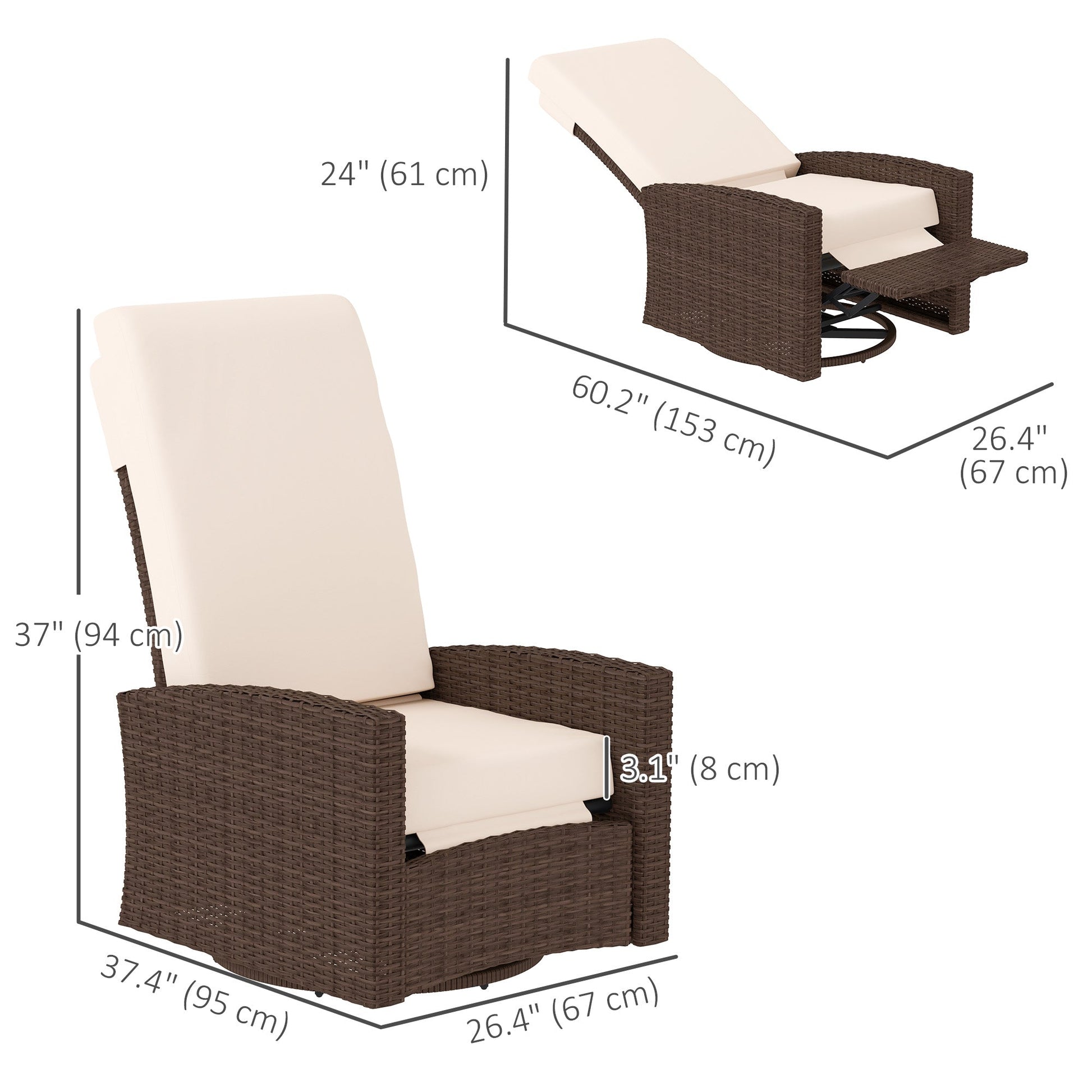 PE Rattan Outdoor Swivel Chair with 360° Swivel, Wicker Patio Chair with Footrest, Soft Cushion and Armrest for Patio, Garden, Backyard, Cream White