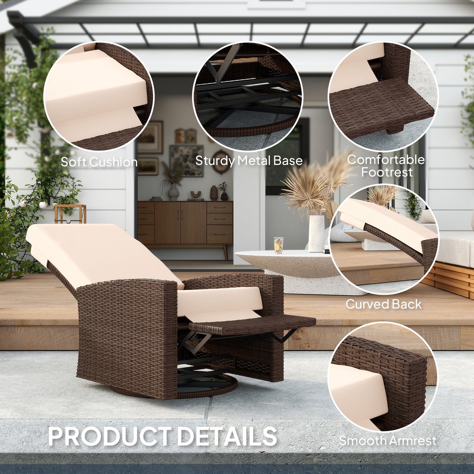PE Rattan Outdoor Swivel Chair with 360° Swivel, Wicker Patio Chair with Footrest, Soft Cushion and Armrest for Patio, Garden, Backyard, Cream White
