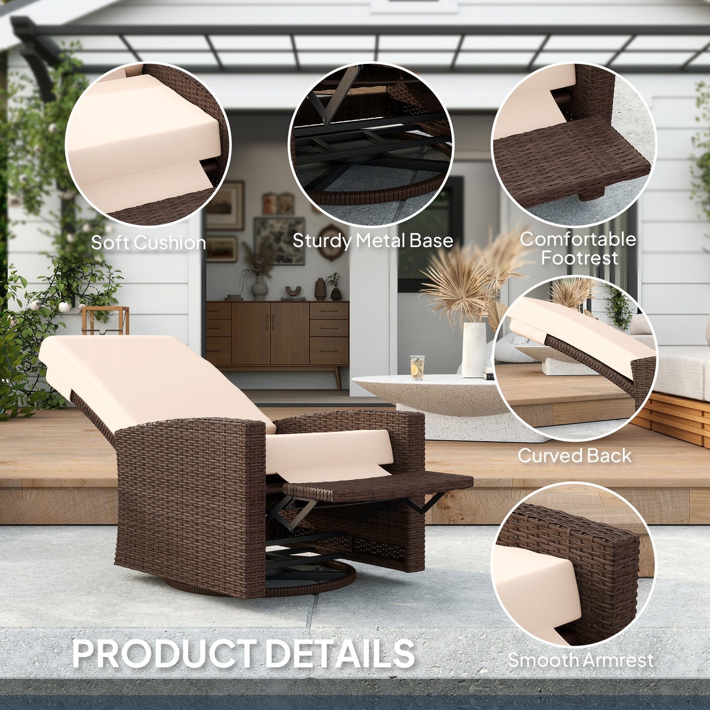 PE Rattan Outdoor Swivel Chair with 360° Swivel, Wicker Patio Chair with Footrest, Soft Cushion and Armrest for Patio, Garden, Backyard, Cream White