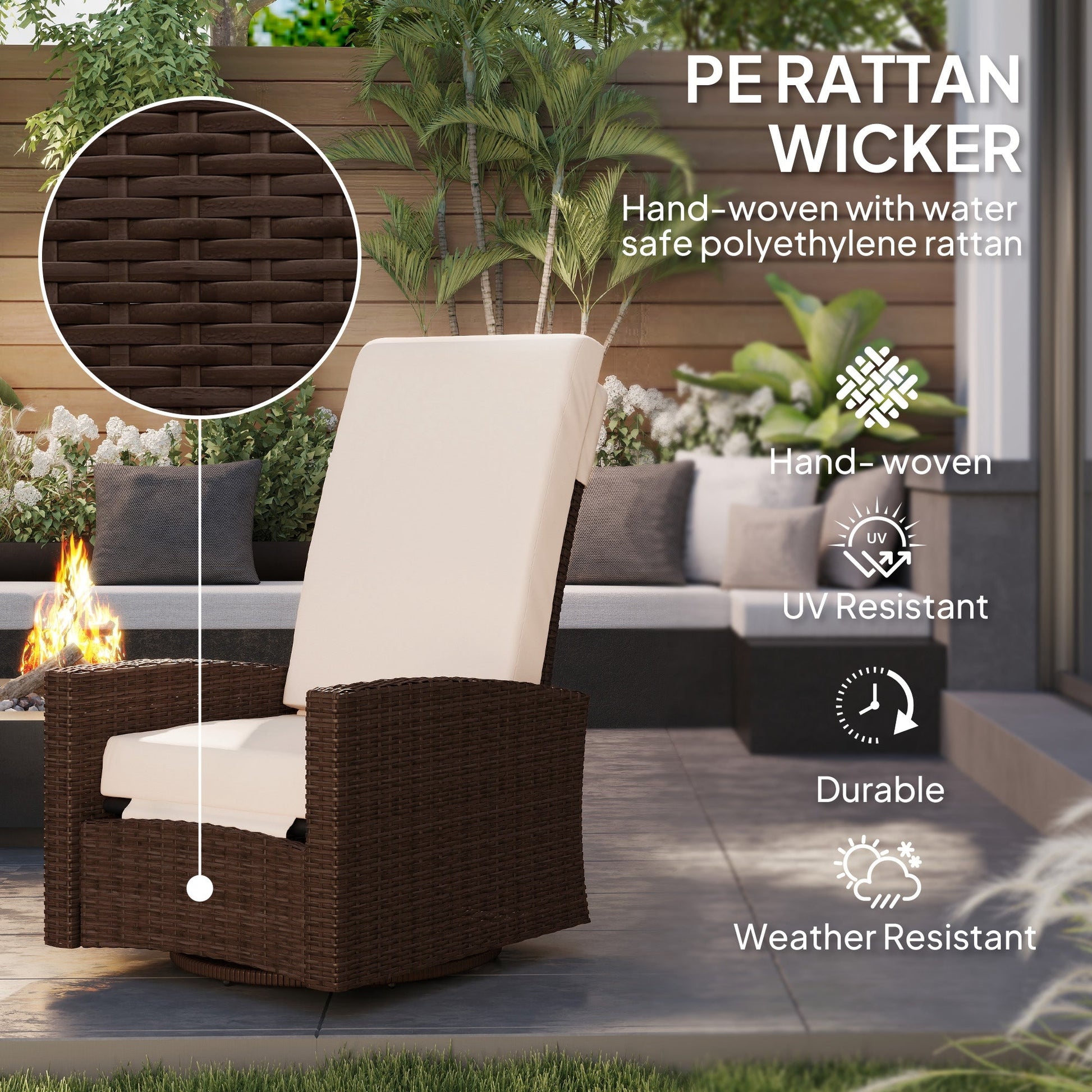 PE Rattan Outdoor Swivel Chair with 360° Swivel, Wicker Patio Chair with Footrest, Soft Cushion and Armrest for Patio, Garden, Backyard, Cream White
