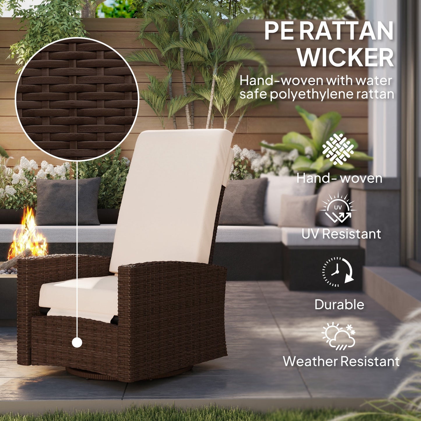 PE Rattan Outdoor Swivel Chair with 360° Swivel, Wicker Patio Chair with Footrest, Soft Cushion and Armrest for Patio, Garden, Backyard, Cream White