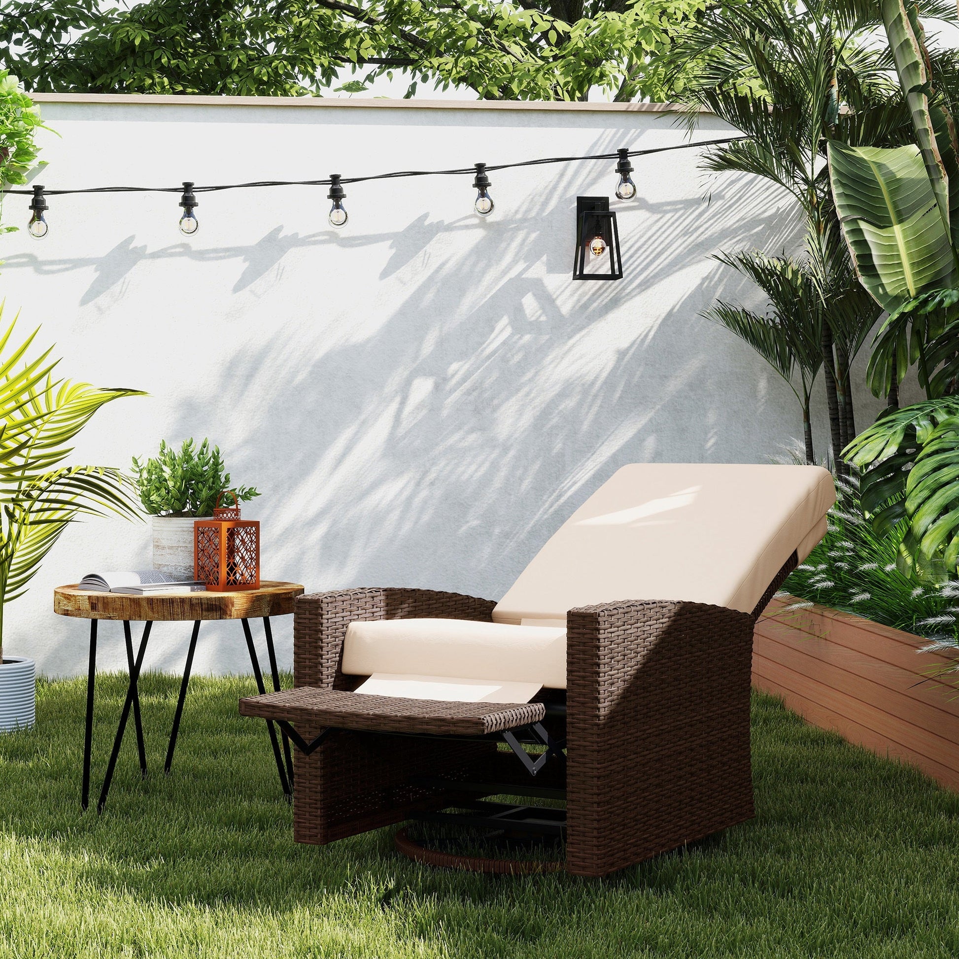 PE Rattan Outdoor Swivel Chair with 360° Swivel, Wicker Patio Chair with Footrest, Soft Cushion and Armrest for Patio, Garden, Backyard, Cream White