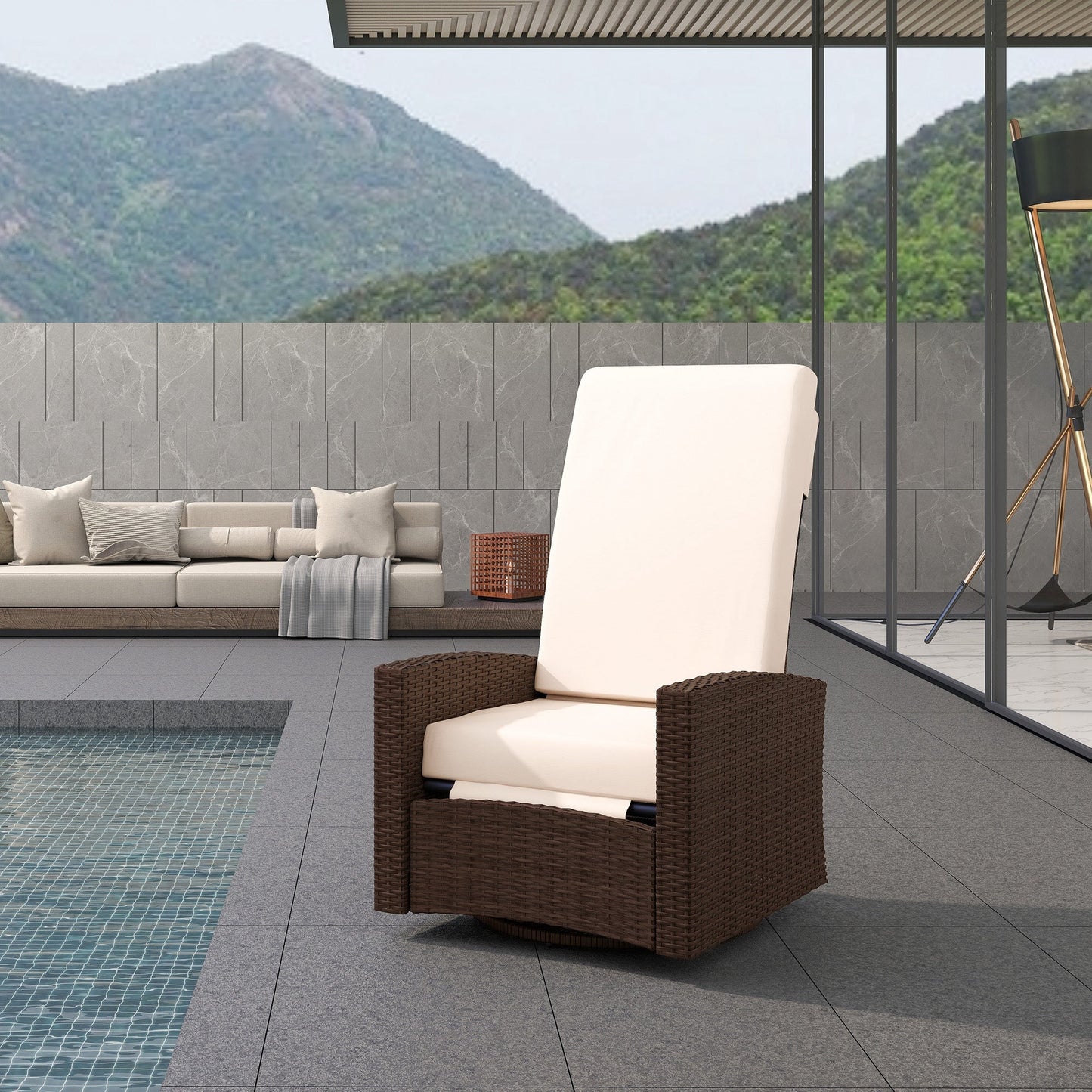 PE Rattan Outdoor Swivel Chair with 360° Swivel, Wicker Patio Chair with Footrest, Soft Cushion and Armrest for Patio, Garden, Backyard, Cream White