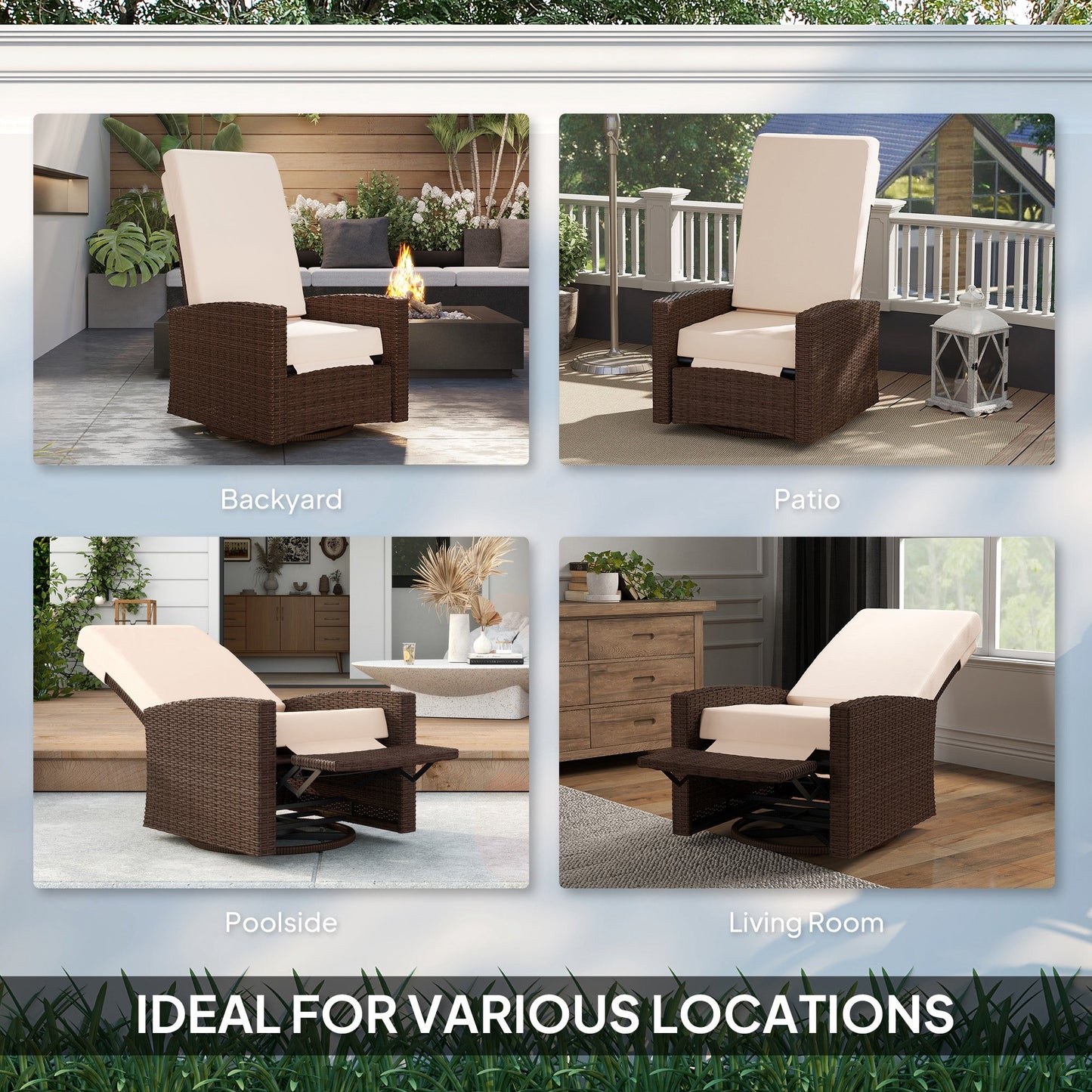 PE Rattan Outdoor Swivel Chair with 360° Swivel, Wicker Patio Chair with Footrest, Soft Cushion and Armrest for Patio, Garden, Backyard, Cream White