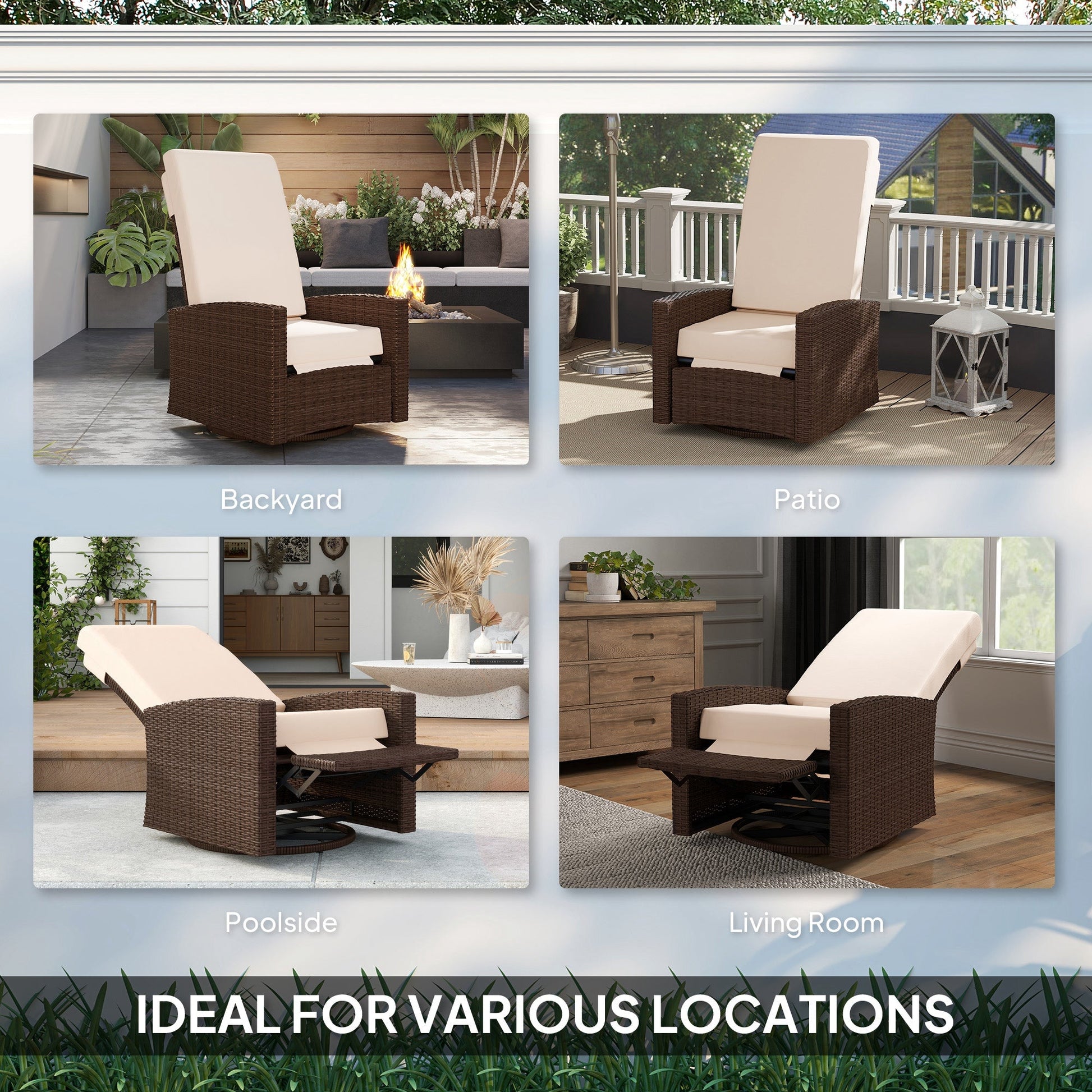 PE Rattan Outdoor Swivel Chair with 360° Swivel, Wicker Patio Chair with Footrest, Soft Cushion and Armrest for Patio, Garden, Backyard, Cream White