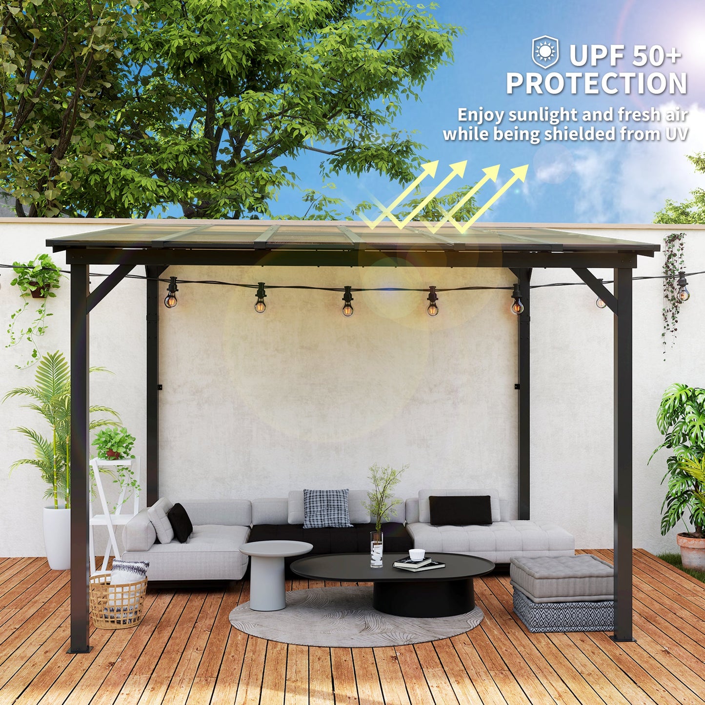 10' x 10' Outdoor Pergola with UPF 50+ and Waterproof Polycarbonate Roof, Wall-Mounted / Free Standing Hardtop Gazebo, Wind-resistant for Patio Deck Backyard, Dark Grey
