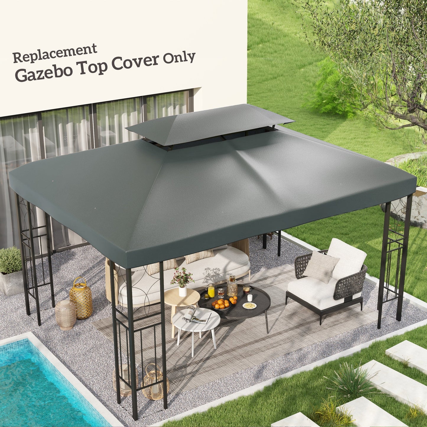 13.1' x 9.8' Gazebo Replacement Canopy 2 Tier Top UV Cover Pavilion Garden Patio Outdoor, Deep Grey (TOP ONLY)