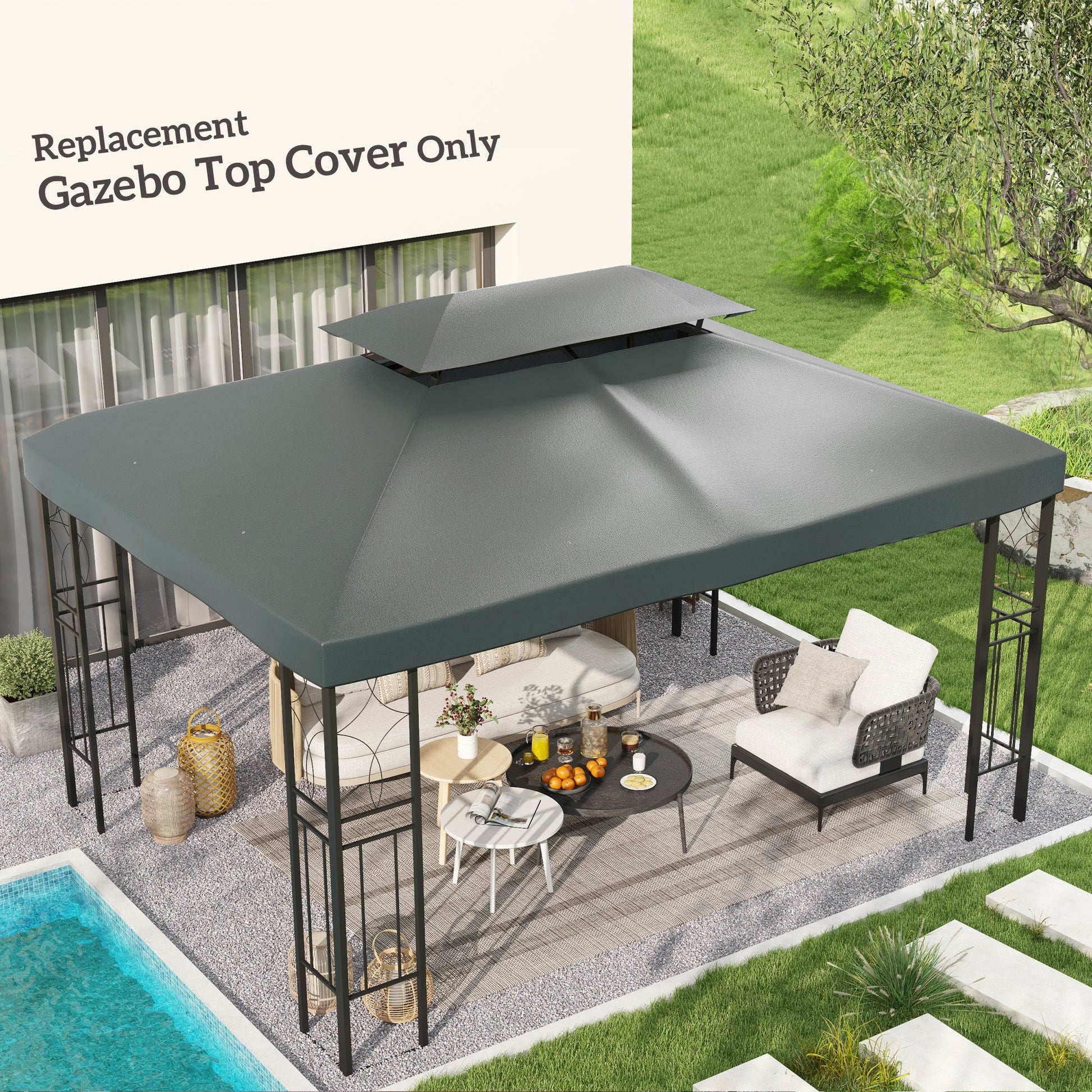 13.1' x 9.8' Gazebo Replacement Canopy 2 Tier Top UV Cover Pavilion Garden Patio Outdoor, Deep Grey (TOP ONLY)