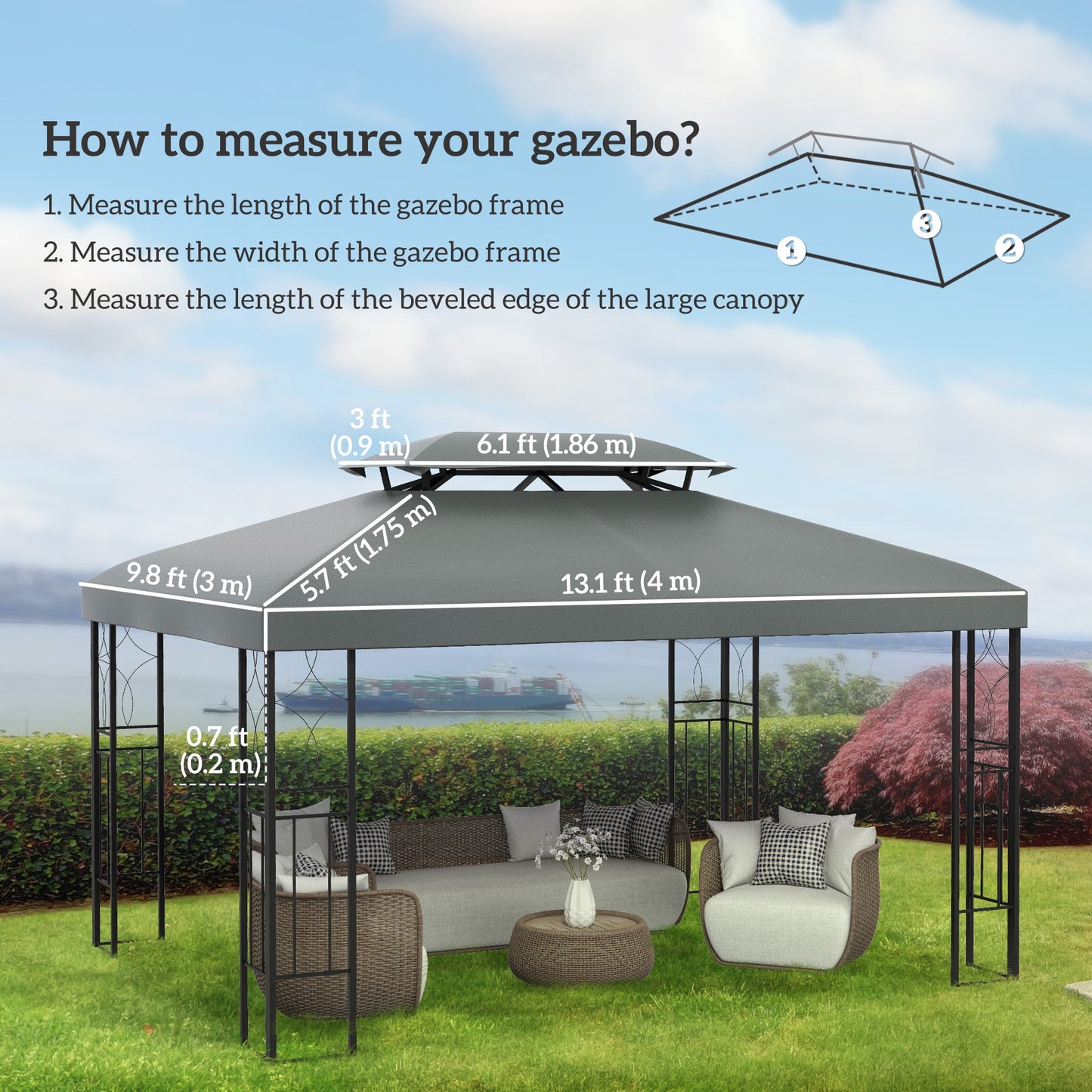 13.1' x 9.8' Gazebo Replacement Canopy 2 Tier Top UV Cover Pavilion Garden Patio Outdoor, Deep Grey (TOP ONLY)