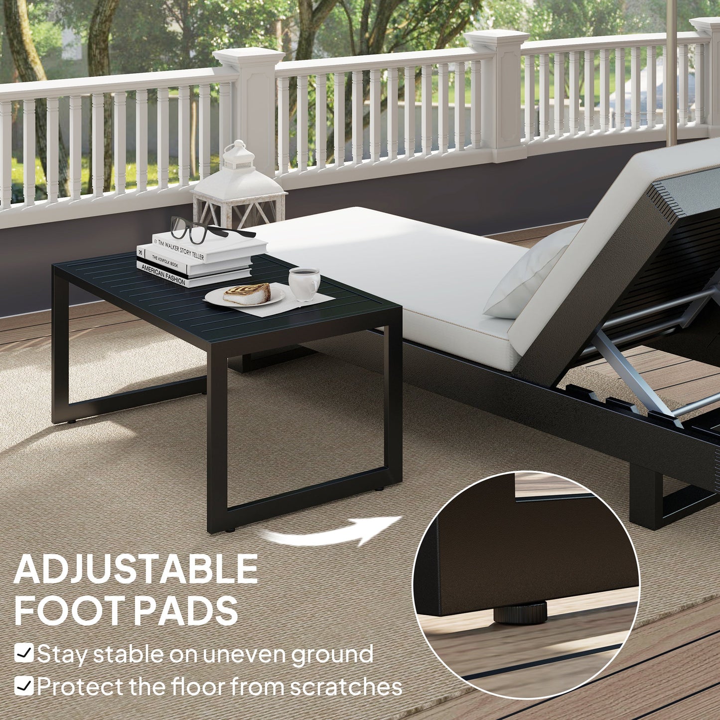 Aluminum Outdoor Coffee Table, 35" Patio Coffee Table with Slatted Tabletop and Adjustable Foot Pads for Garden, Lawn, Balcony, Black
