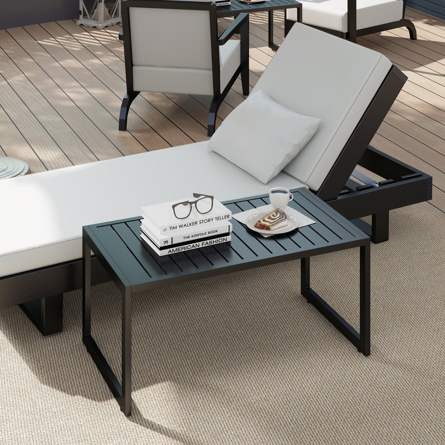 Aluminum Outdoor Coffee Table, 35" Patio Coffee Table with Slatted Tabletop and Adjustable Foot Pads for Garden, Lawn, Balcony, Black