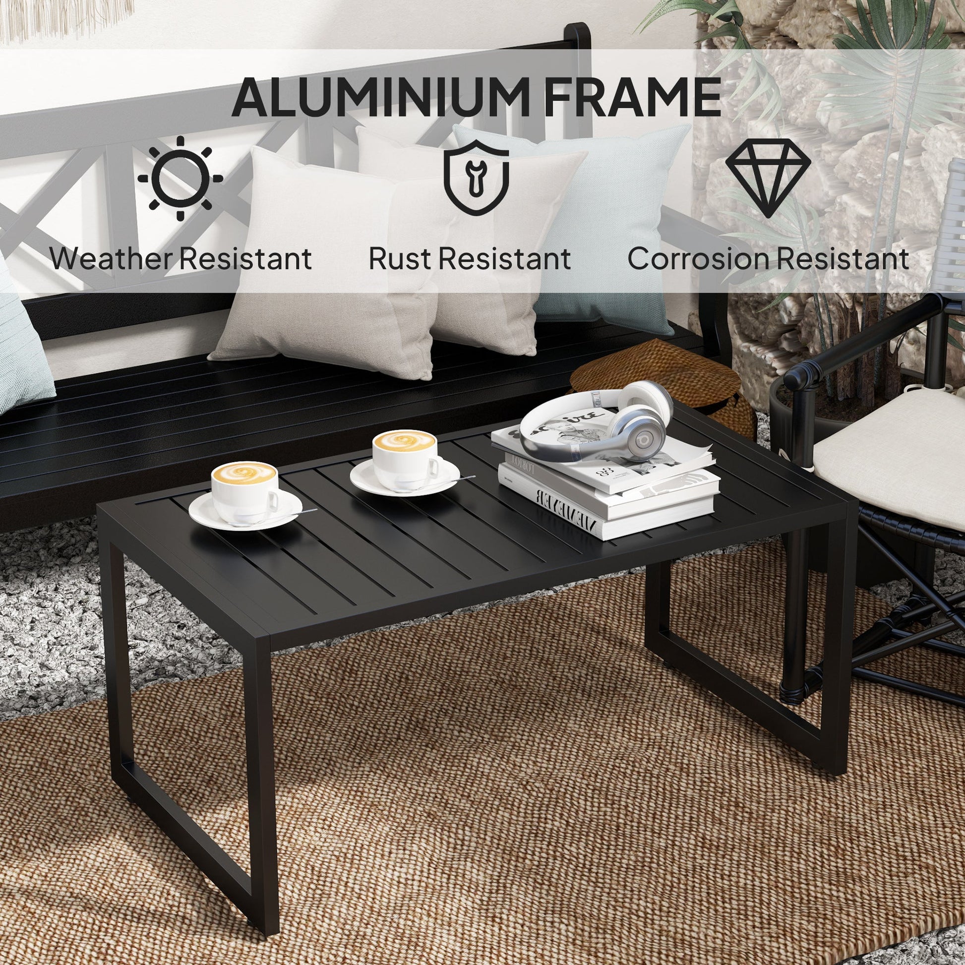 Aluminum Outdoor Coffee Table, 35" Patio Coffee Table with Slatted Tabletop and Adjustable Foot Pads for Garden, Lawn, Balcony, Black